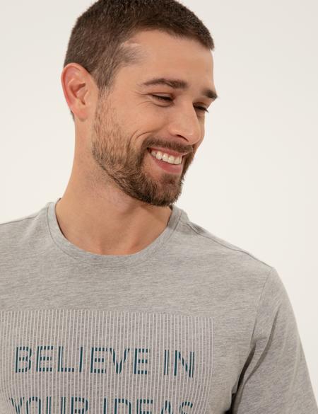 Gri Melanj Slim Fit Baskılı Bisiklet Yaka Tişört - 50249350025