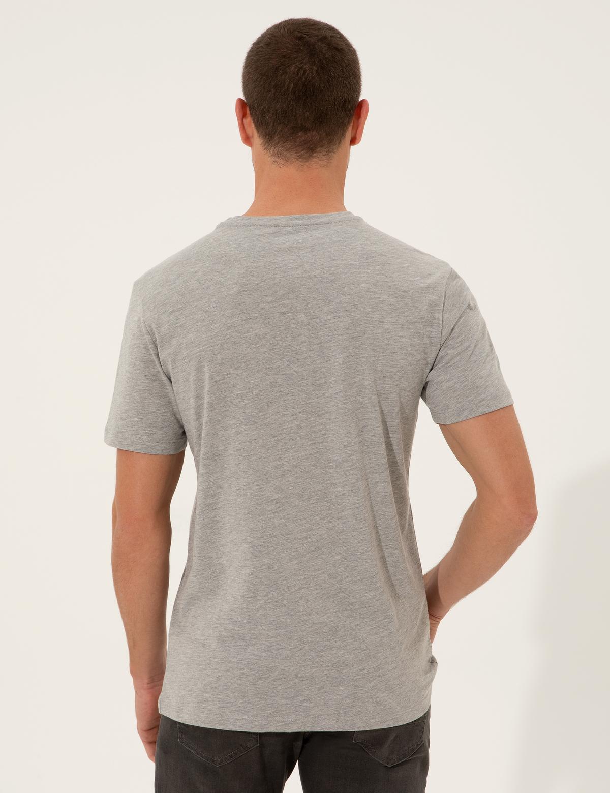 Gri Melanj Slim Fit Baskılı Bisiklet Yaka Tişört - 50249350025