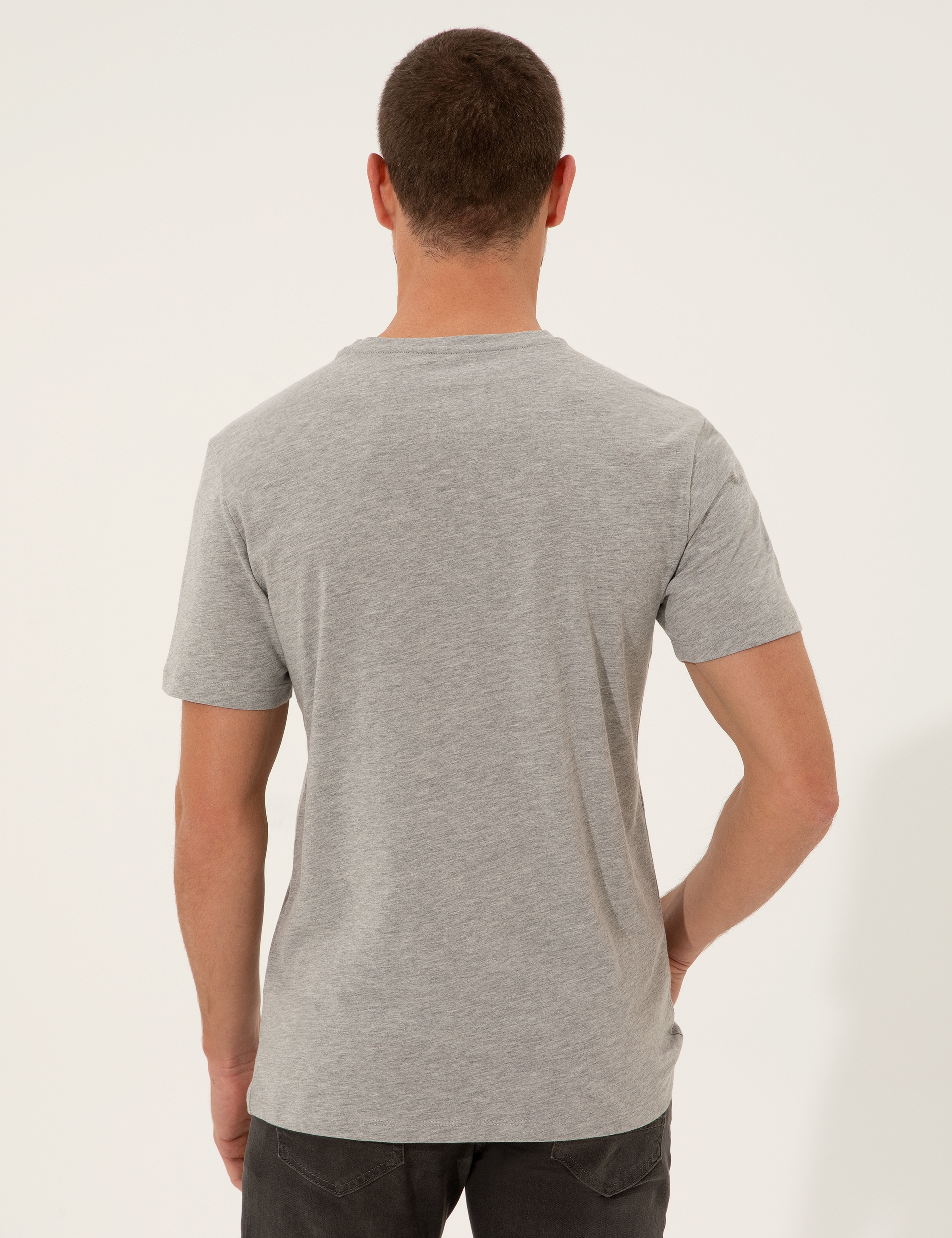 Gri Melanj Slim Fit Baskılı Bisiklet Yaka Tişört - Image 5