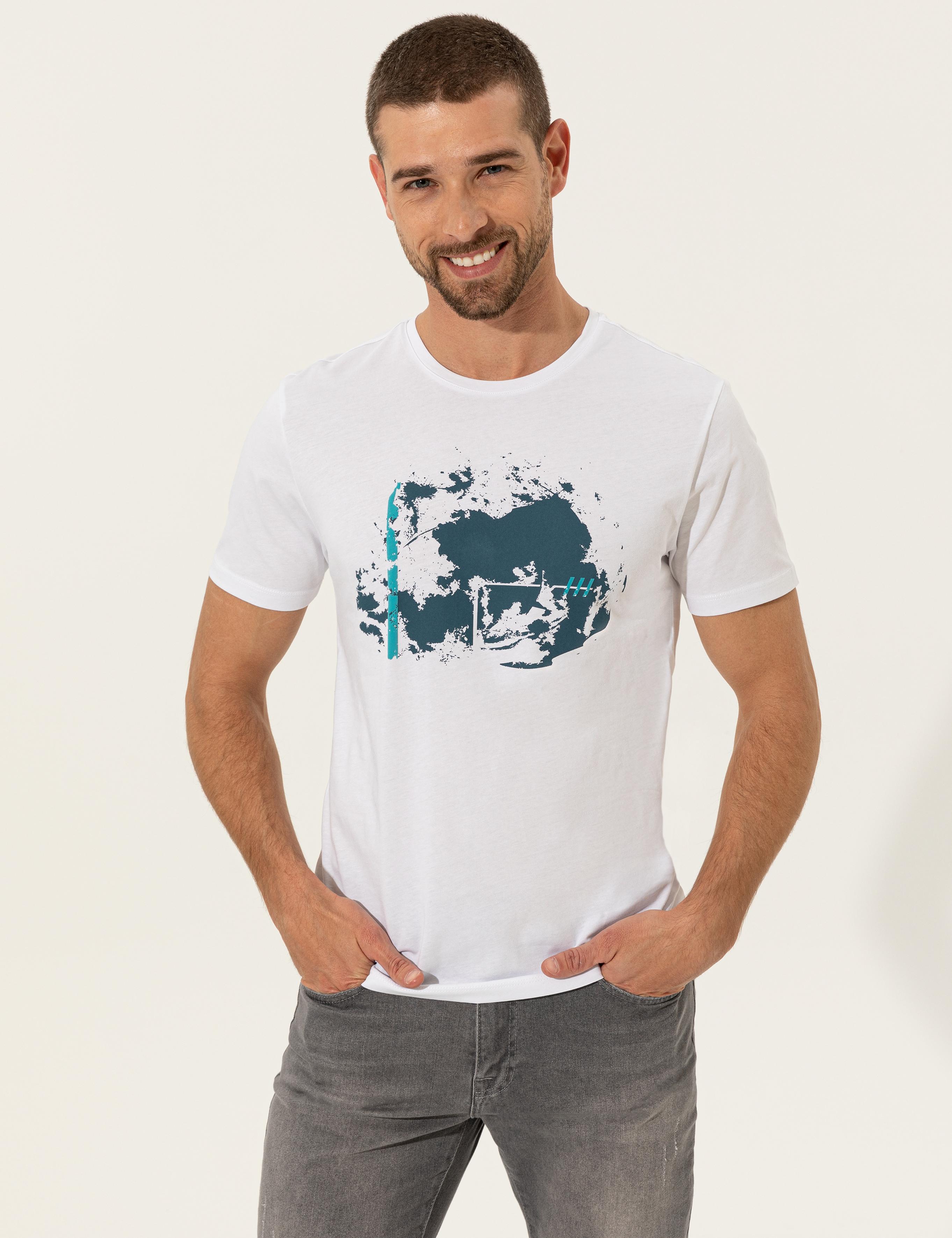 Beyaz Slim Fit Bisiklet Yaka Tişört