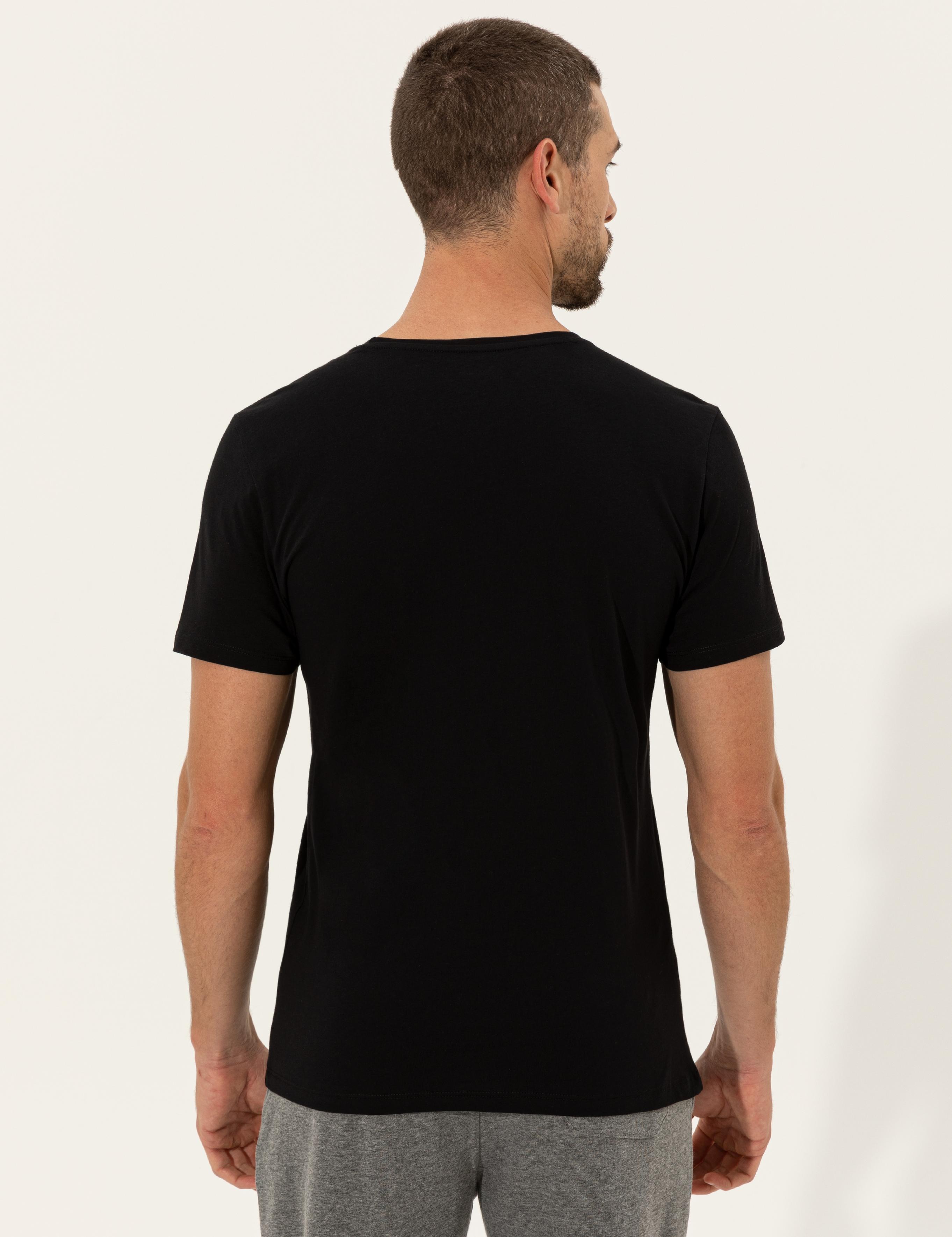 Siyah Slim Fit Baskılı Bisiklet Yaka Tişört