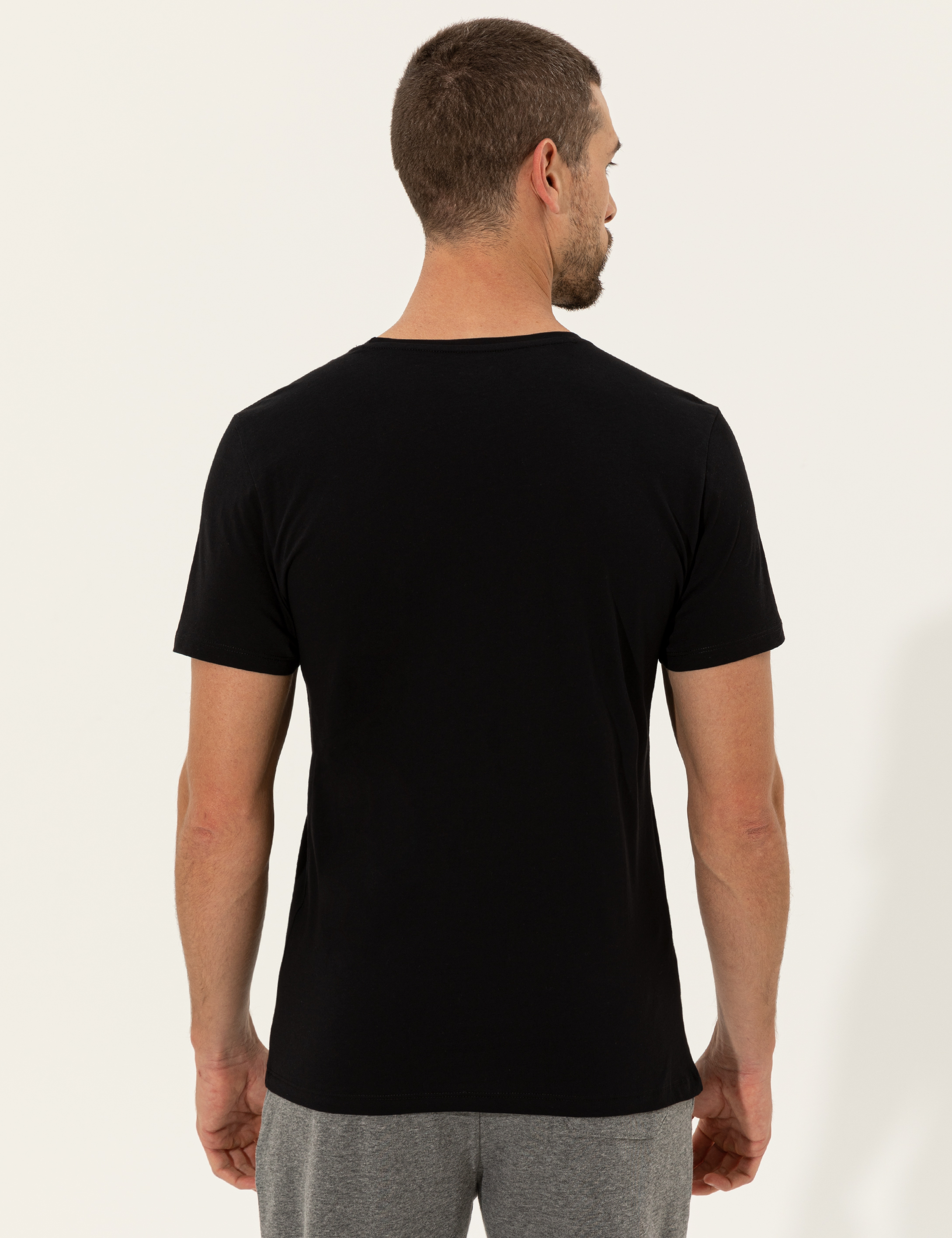 Siyah Slim Fit Baskılı Bisiklet Yaka Tişört - Image 5