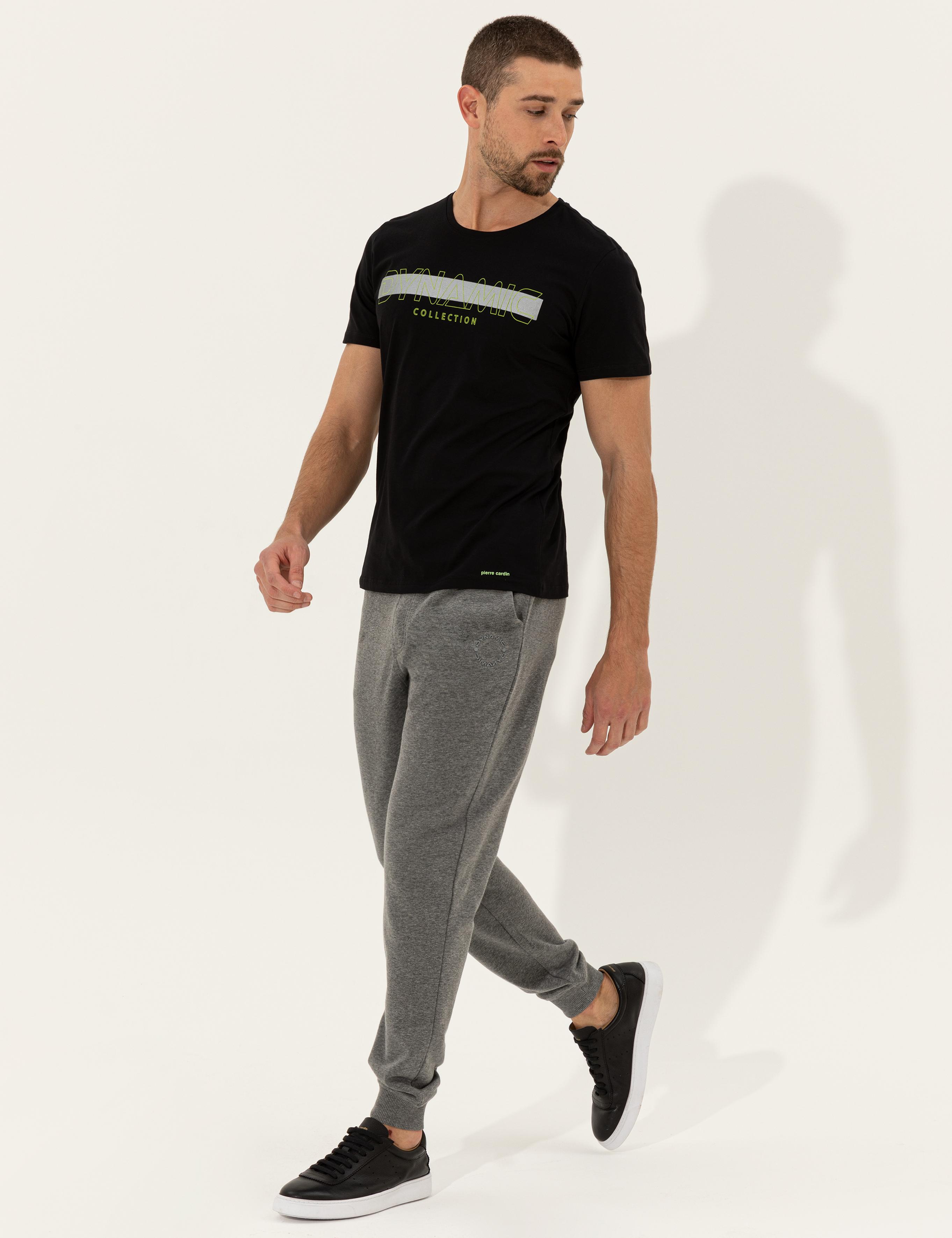 Siyah Slim Fit Baskılı Bisiklet Yaka Tişört