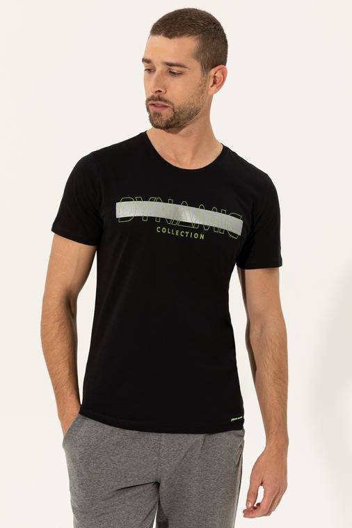 Siyah Slim Fit Baskılı Bisiklet Yaka Tişört