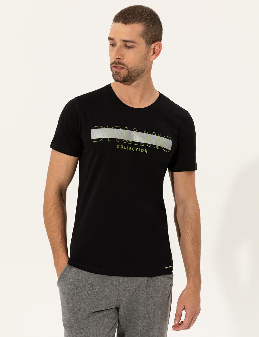 Siyah Slim Fit Baskılı Bisiklet Yaka Tişört