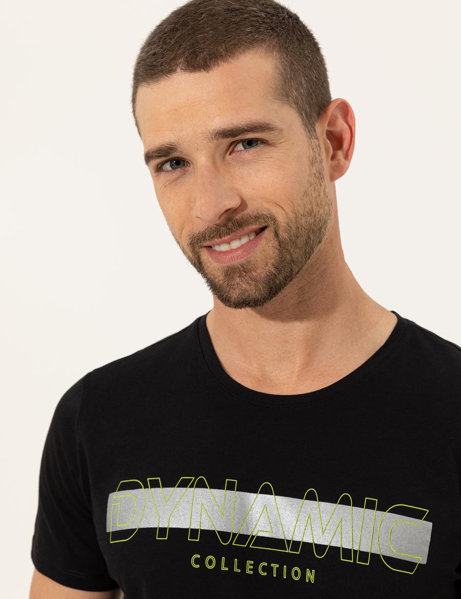 Siyah Slim Fit Baskılı Bisiklet Yaka Tişört