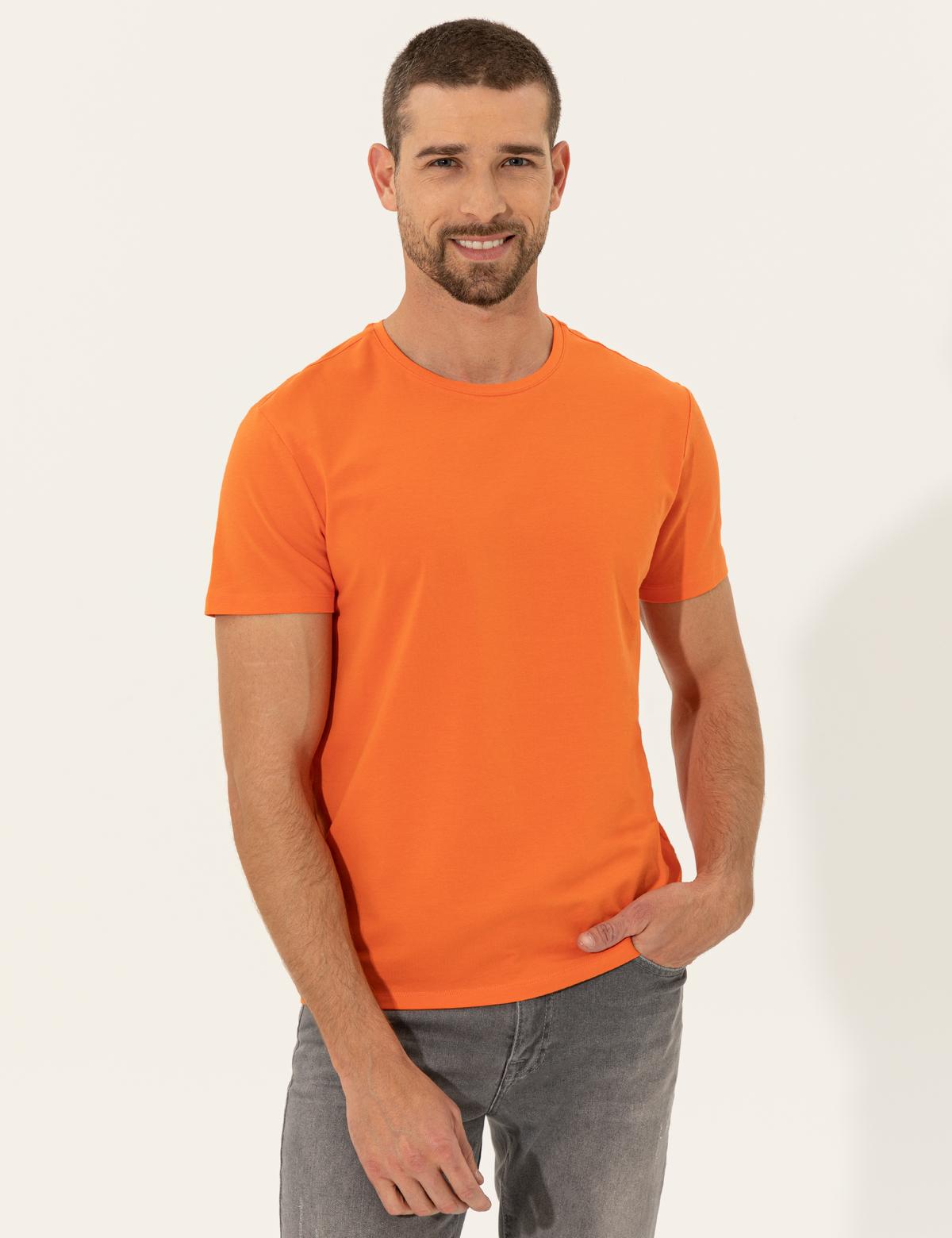 Turuncu Slim Fit Bisiklet Yaka Basic Tişört - 50251739037