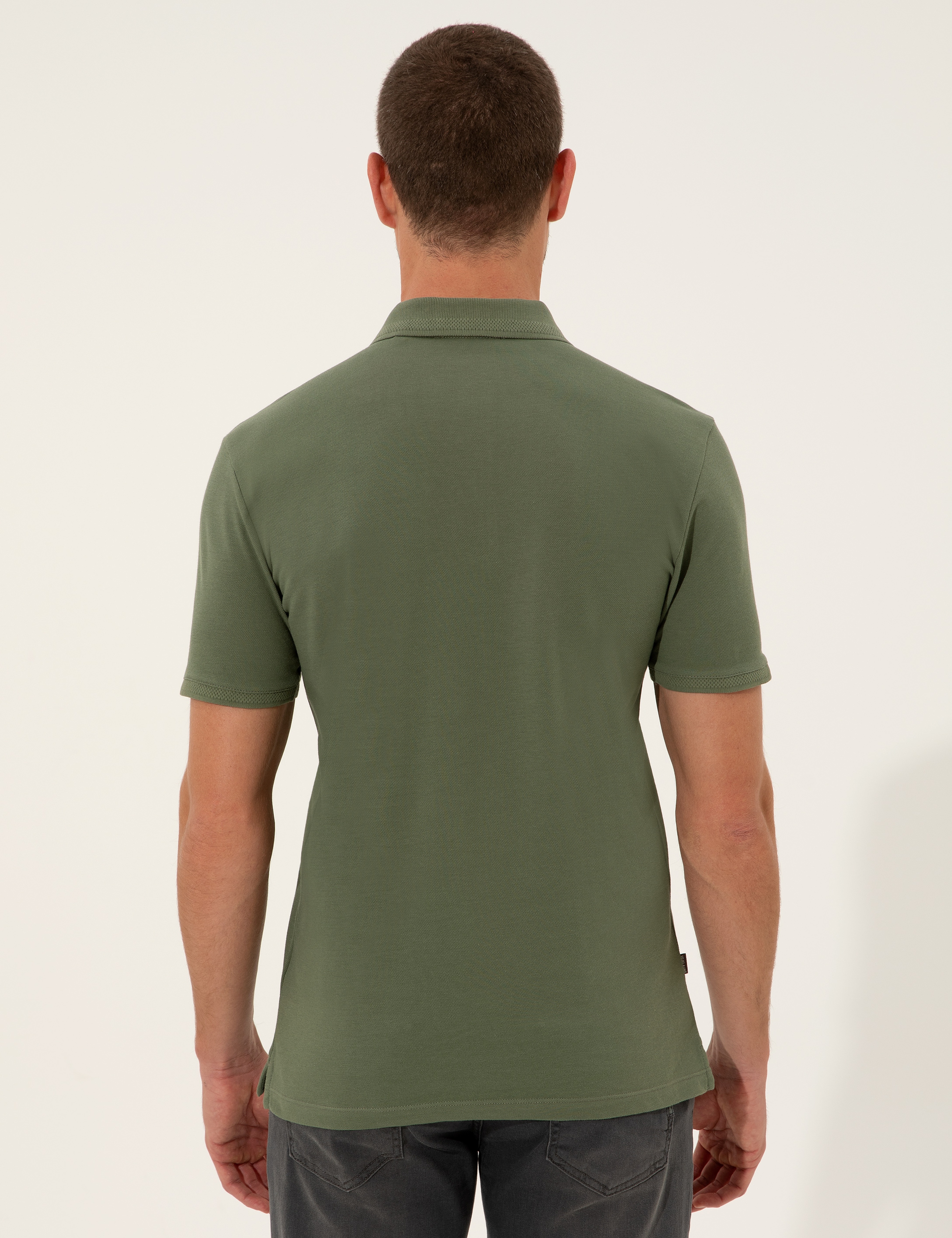 Haki Slim Fit %100 Pamuk Düğmeli Polo Yaka Basic  Tişört