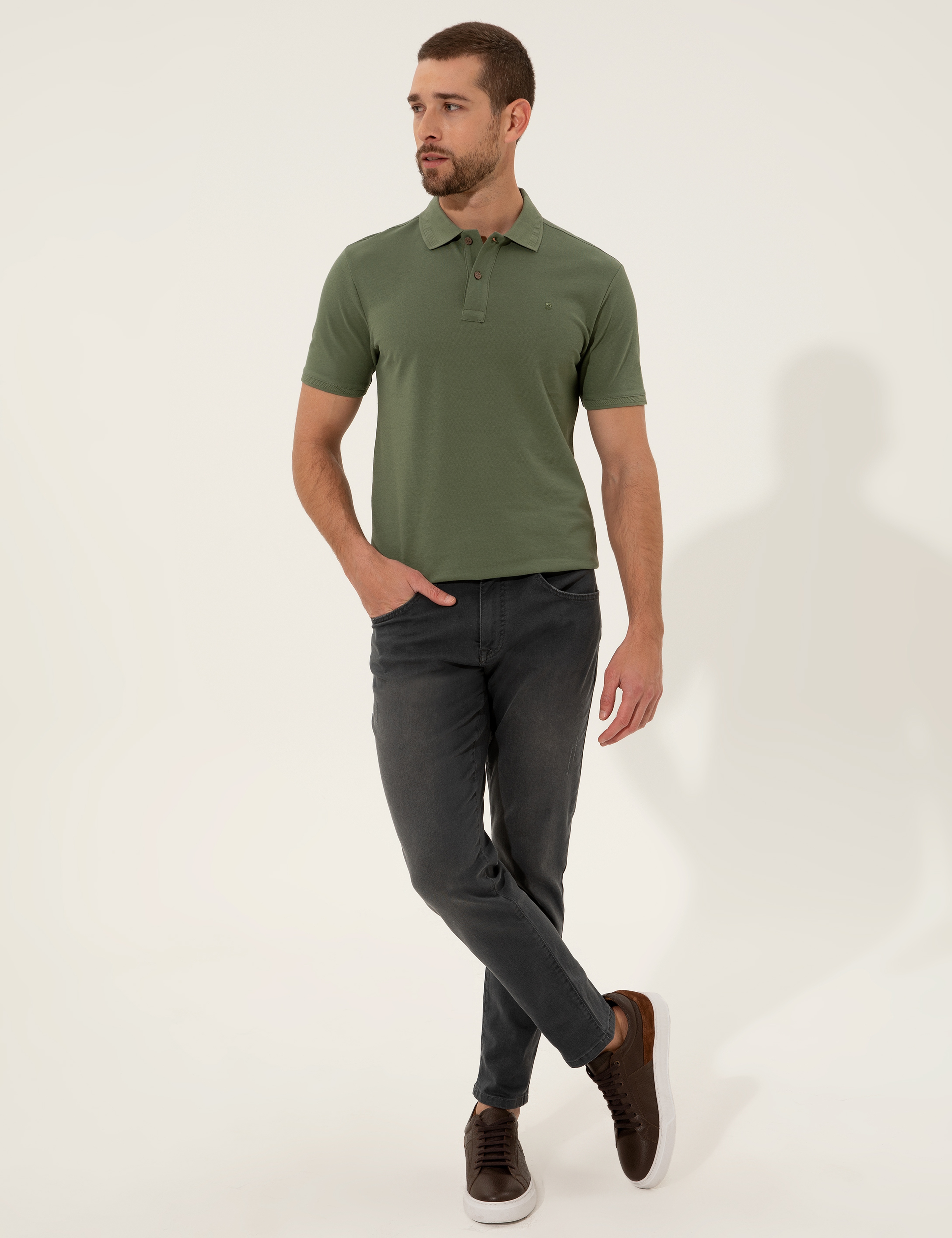 Haki Slim Fit %100 Pamuk Düğmeli Polo Yaka Basic  Tişört - Image 4