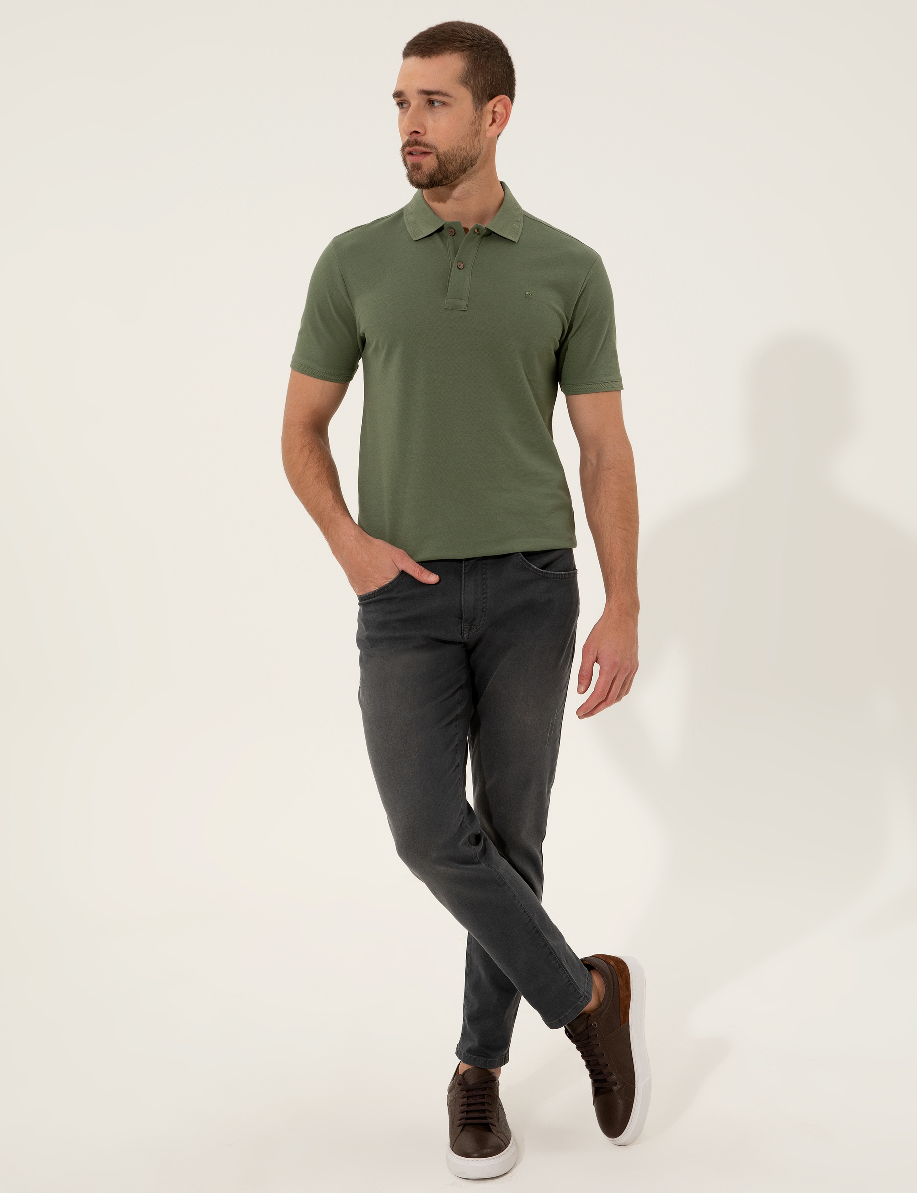 Haki Slim Fit %100 Pamuk Düğmeli Polo Yaka Basic  Tişört
