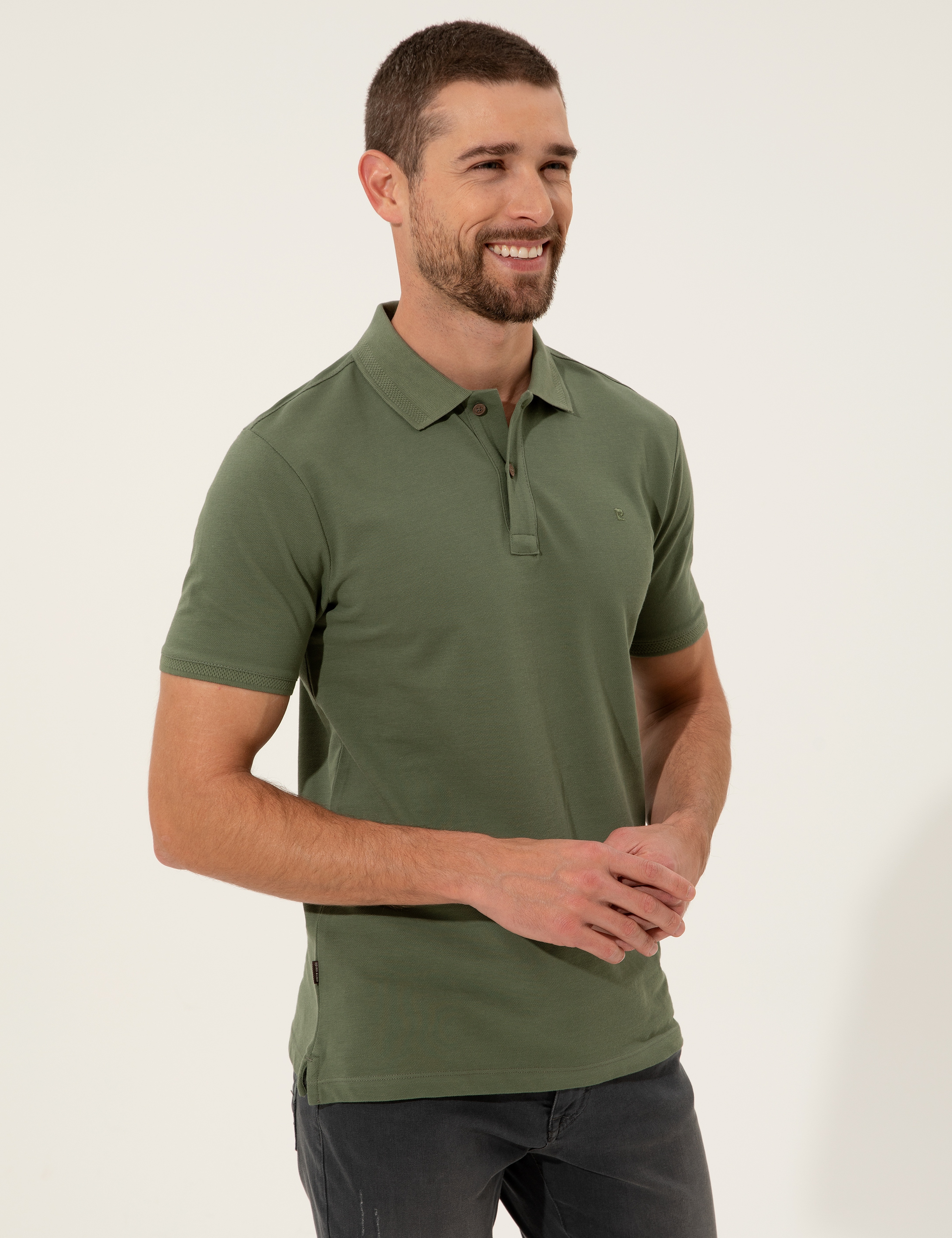 Haki Slim Fit %100 Pamuk Düğmeli Polo Yaka Basic  Tişört