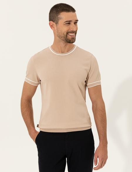 Bej Slim Fit Bisiklet Yaka Triko Tişört - 50249698043