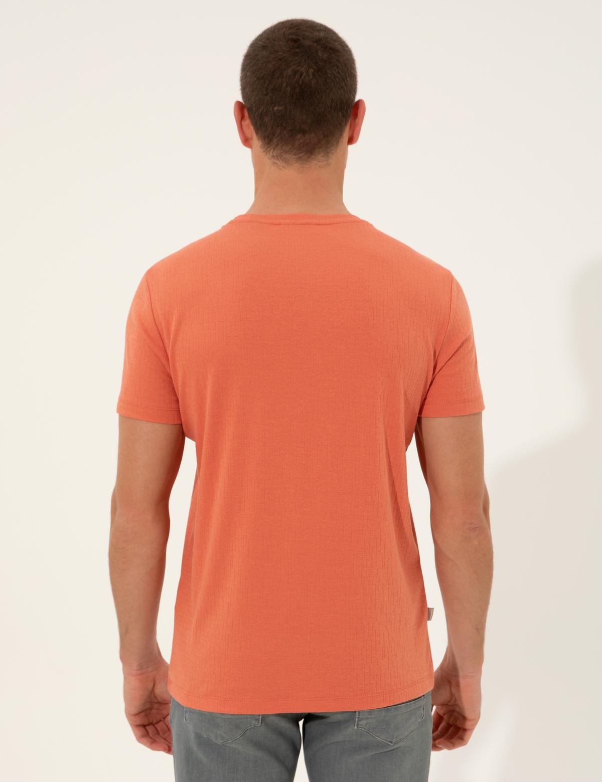 Turuncu Slim Fit Baskılı Bisiklet Yaka Tişört - 50249814033