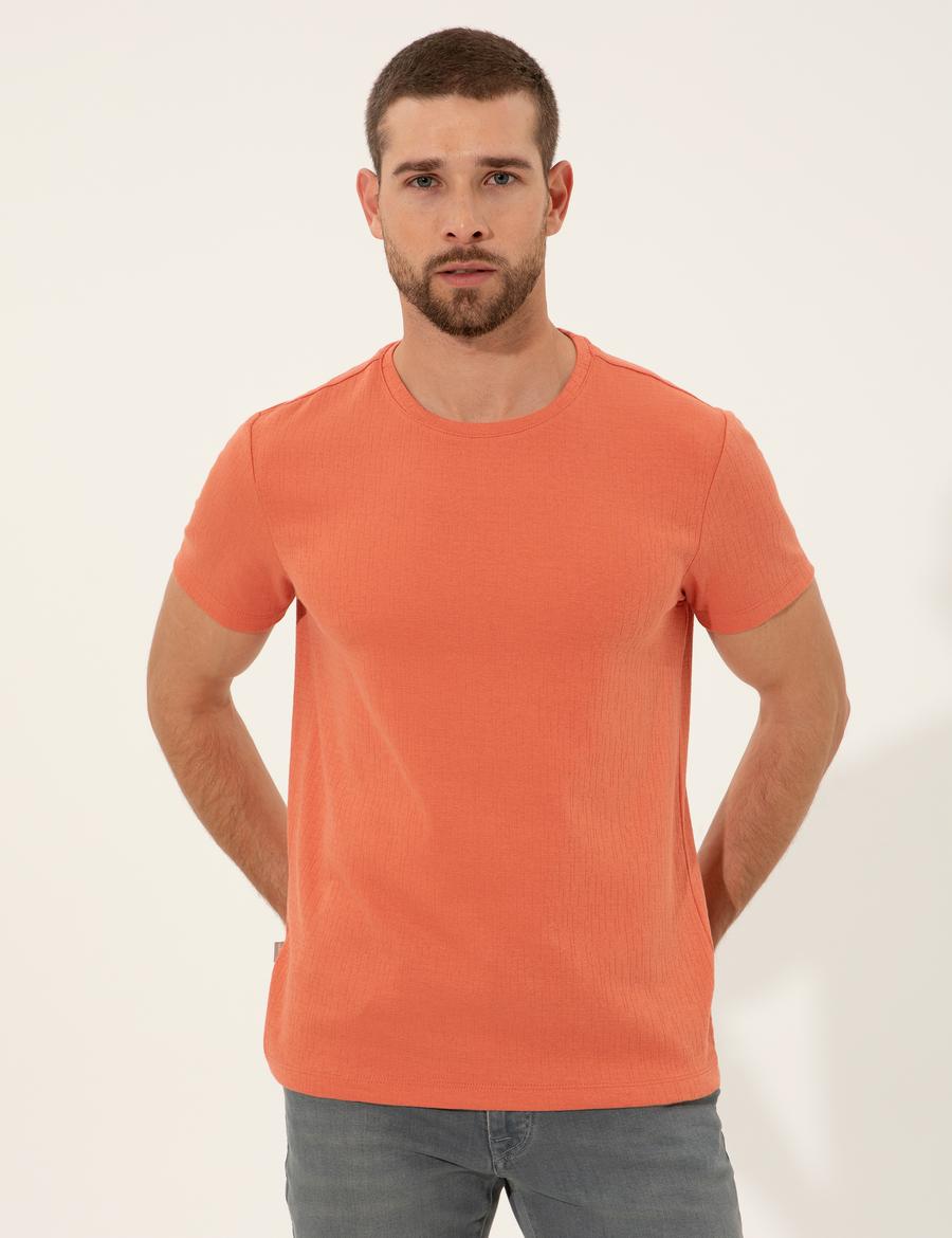 Turuncu Slim Fit Baskılı Bisiklet Yaka Tişört