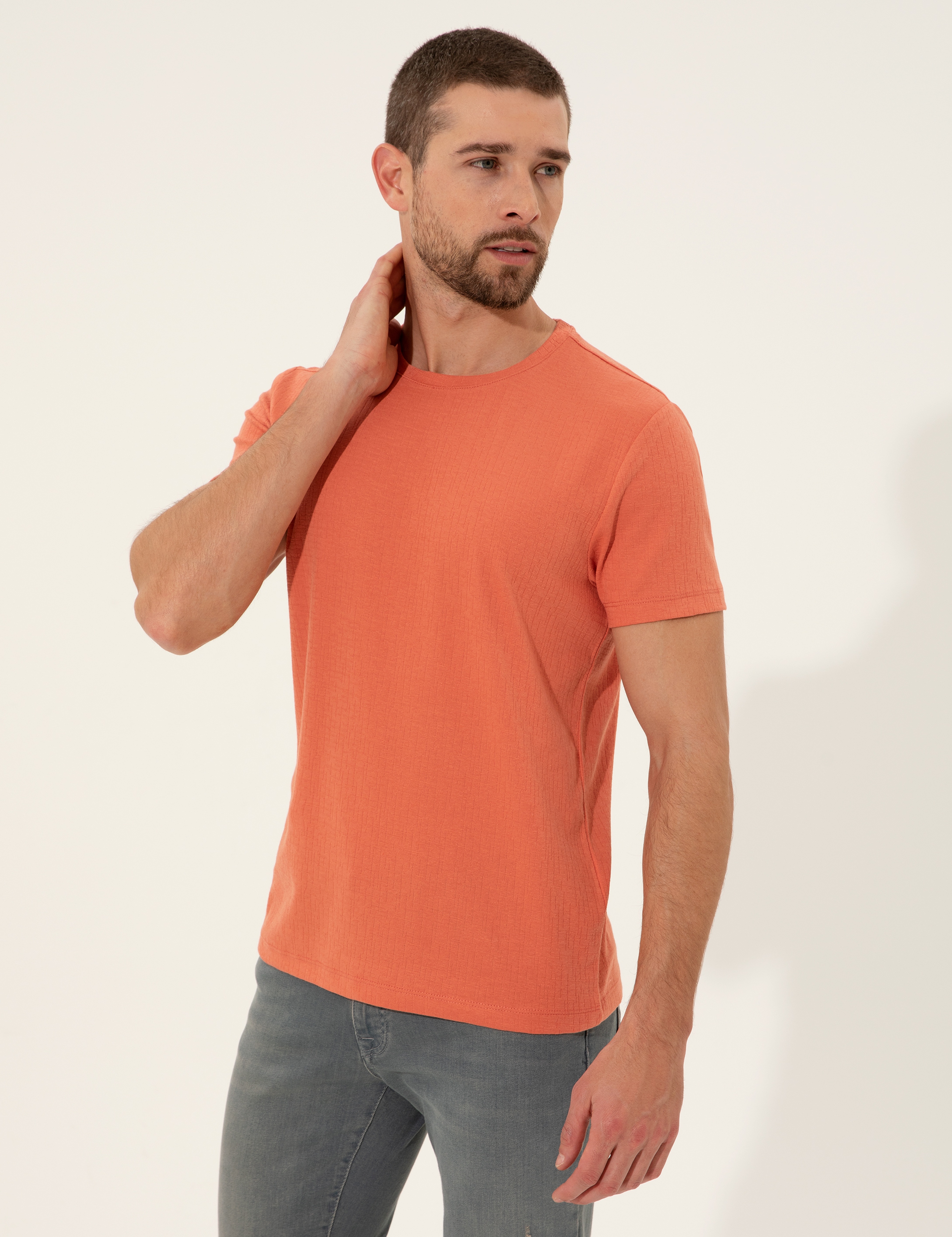 Turuncu Slim Fit Baskılı Bisiklet Yaka Tişört - Image 3