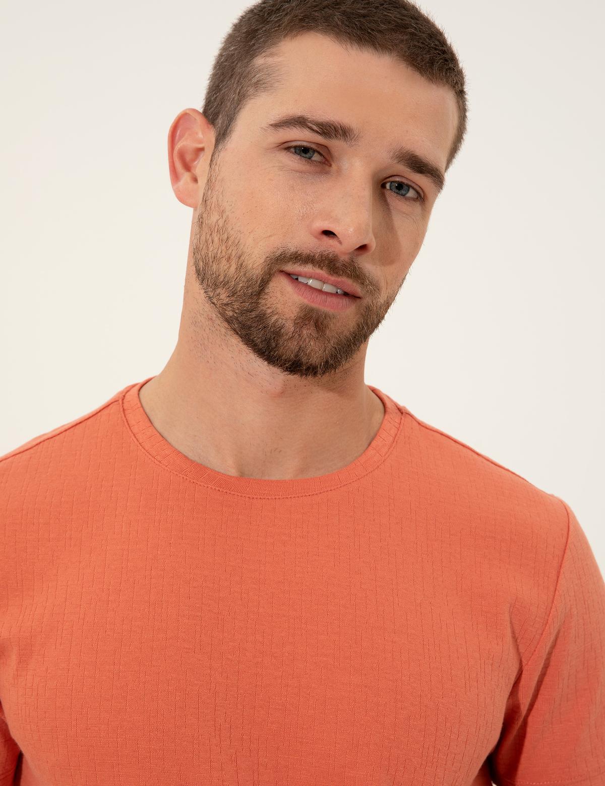 Turuncu Slim Fit Baskılı Bisiklet Yaka Tişört - 50249814033