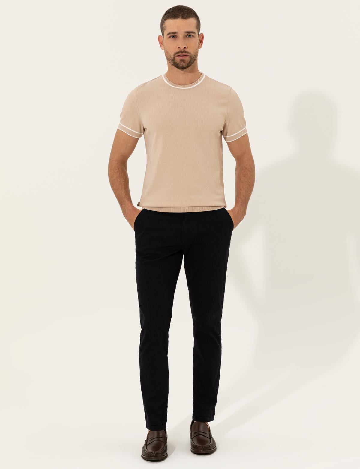 Bej Slim Fit Bisiklet Yaka Triko Tişört - 50249698043