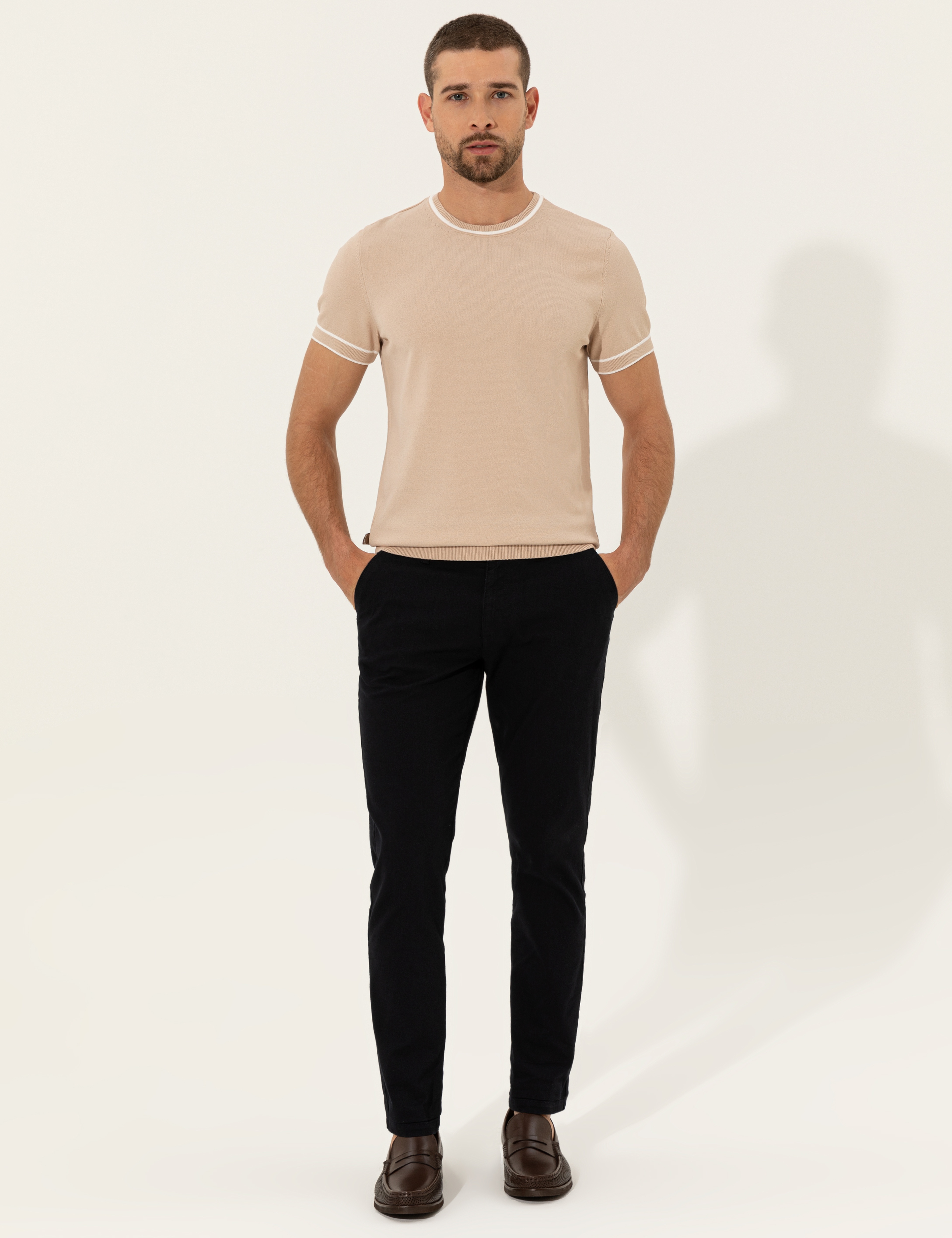 Bej Slim Fit Bisiklet Yaka Triko Tişört - Image 4
