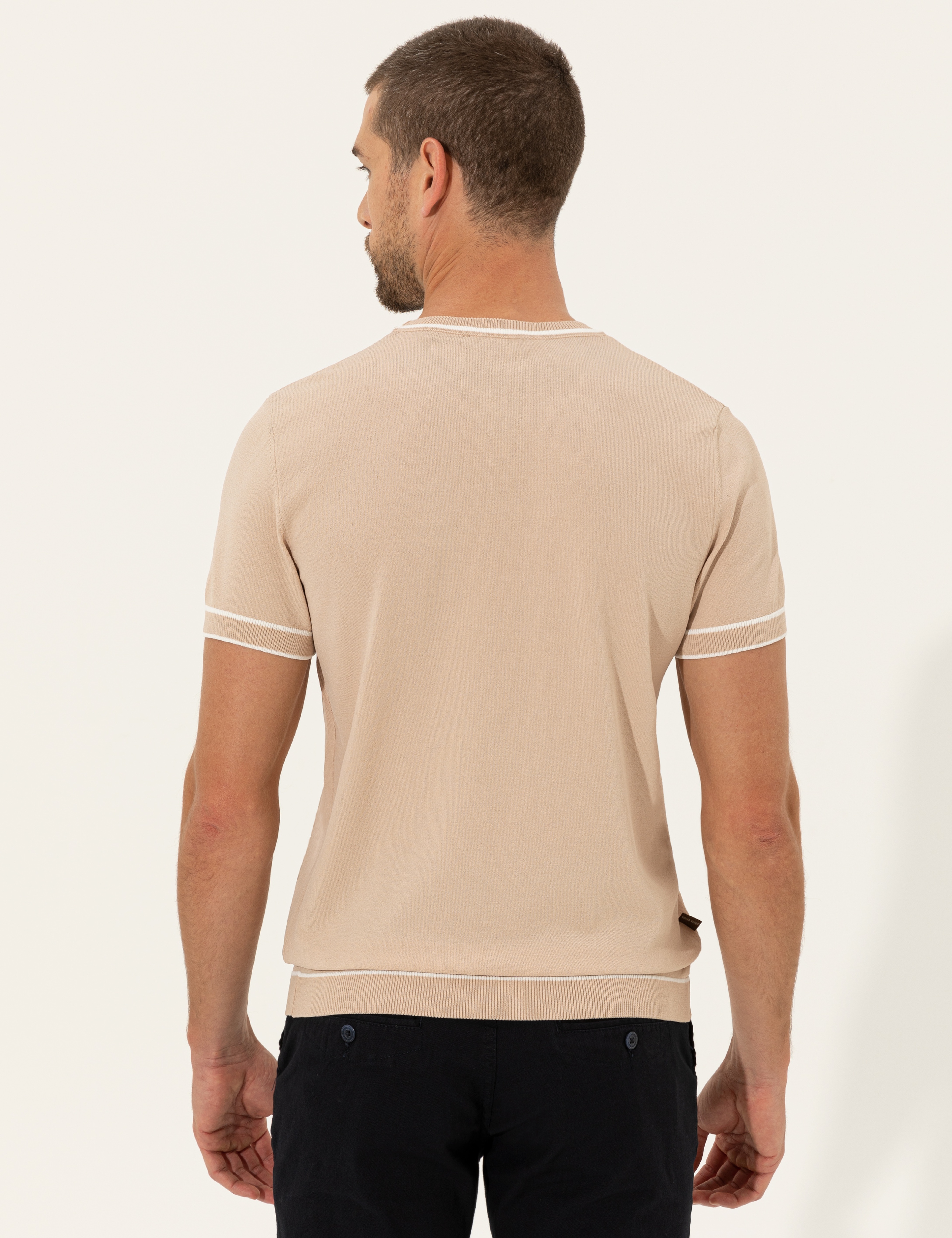 Bej Slim Fit Bisiklet Yaka Triko Tişört - Image 5