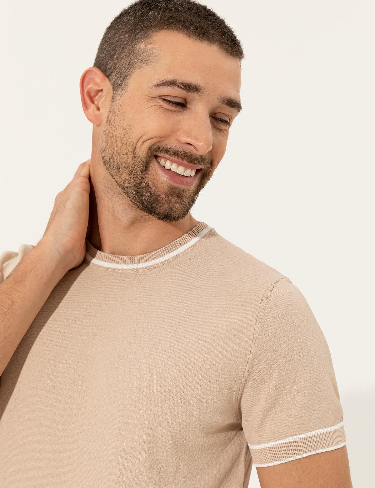 Bej Slim Fit Bisiklet Yaka Triko Tişört - 50249698043
