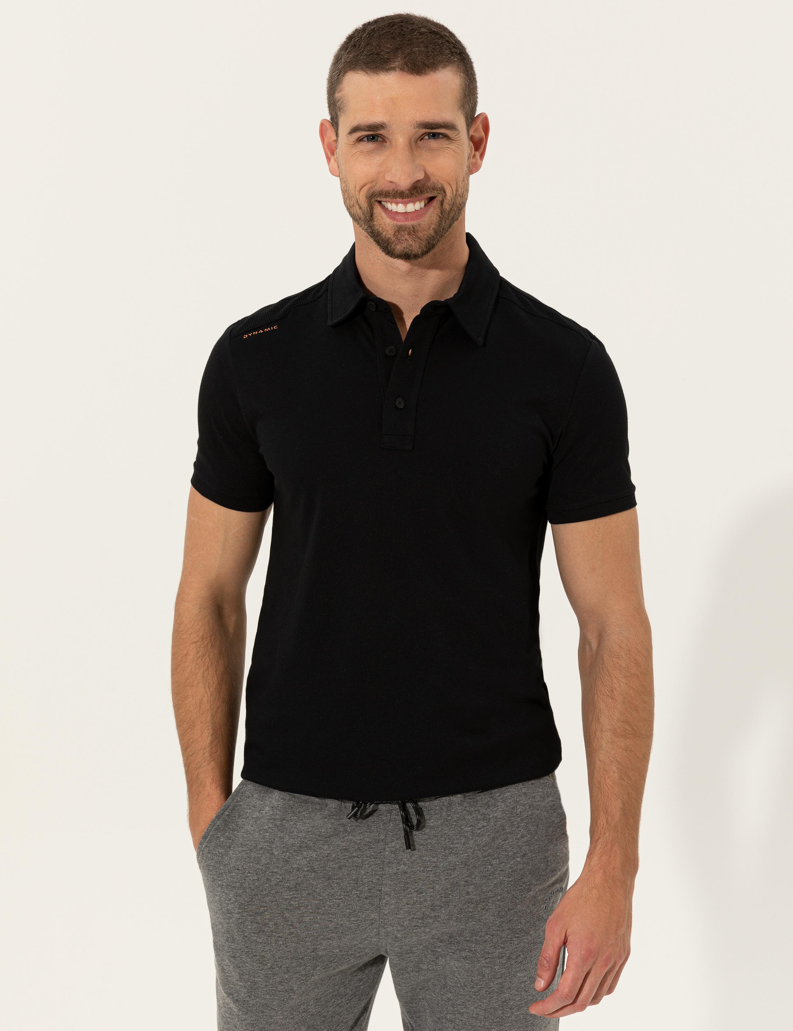 Siyah Slim Fit Dynamic Baskılı Polo Yaka Tişört