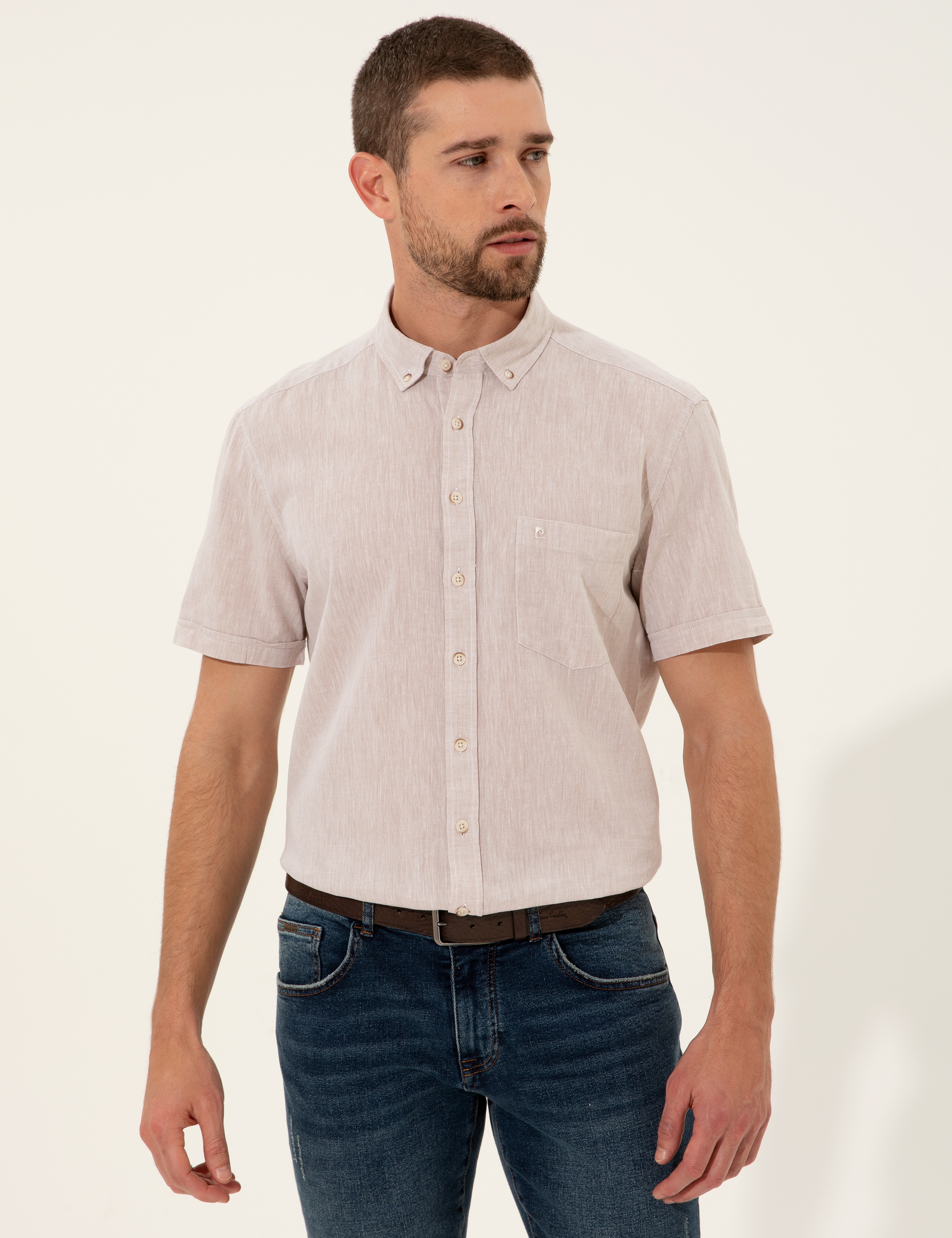 Bej Regular Fit Kısa Kollu Gömlek - Image 3