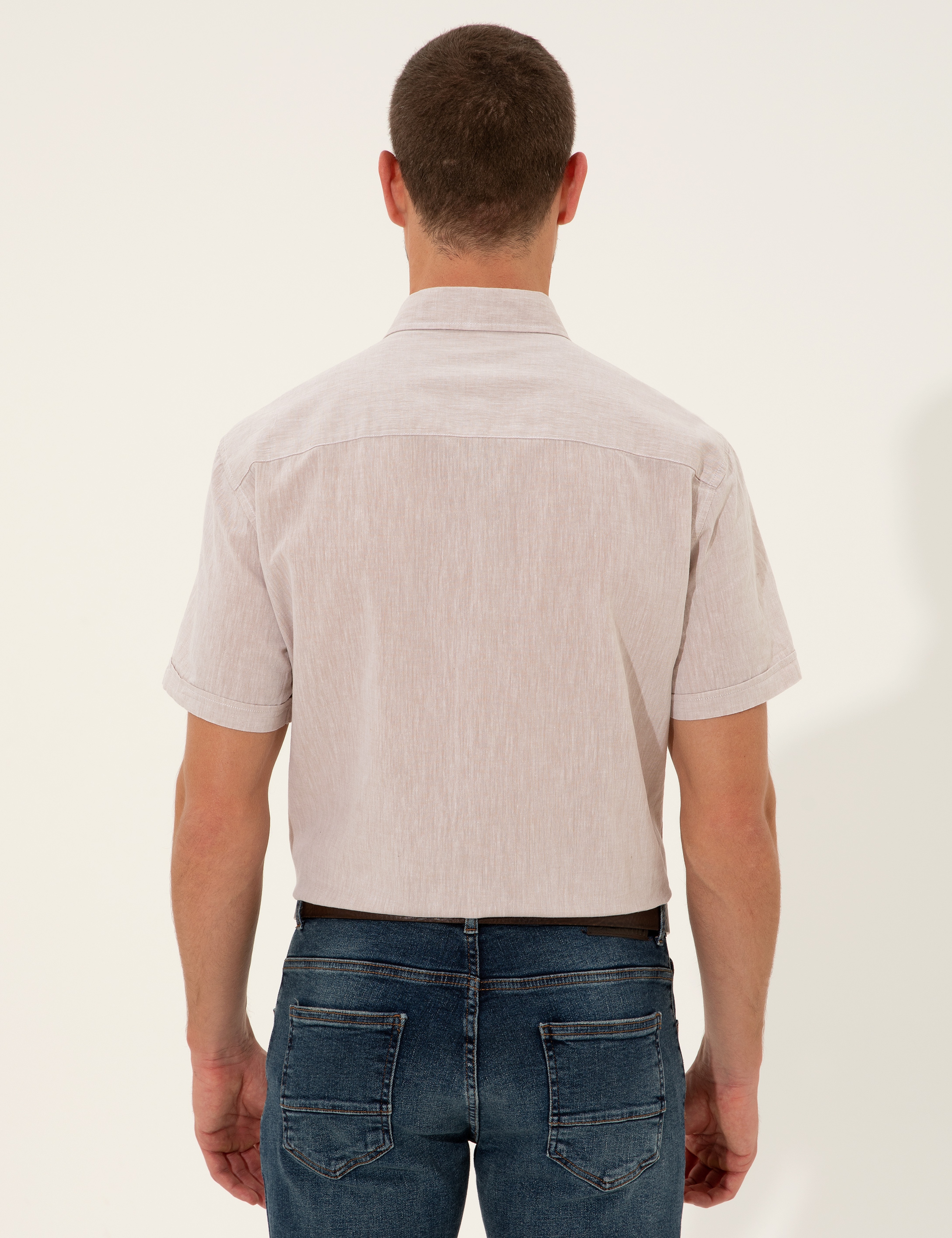 Bej Regular Fit Kısa Kollu Gömlek - Image 5