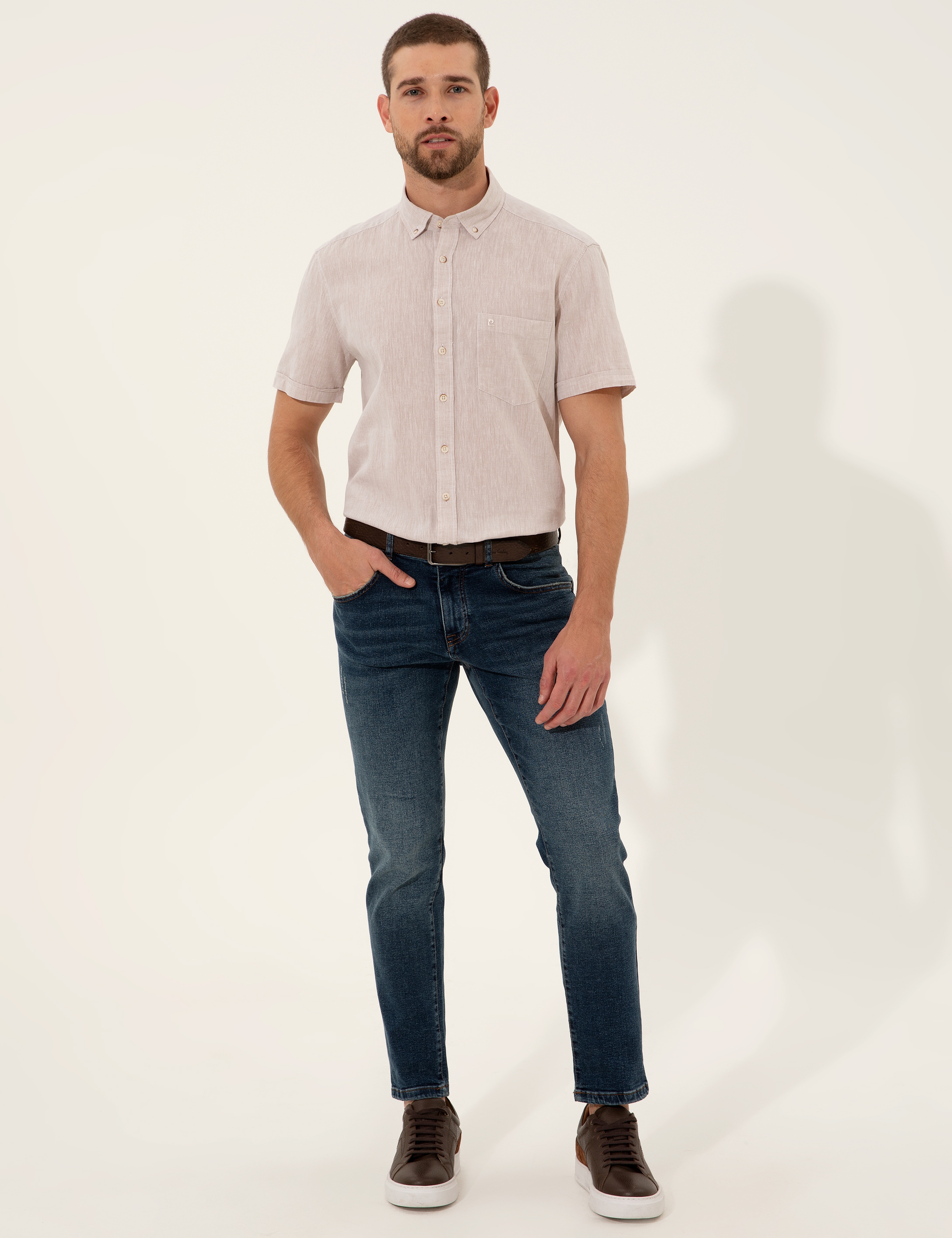 Bej Regular Fit Kısa Kollu Gömlek