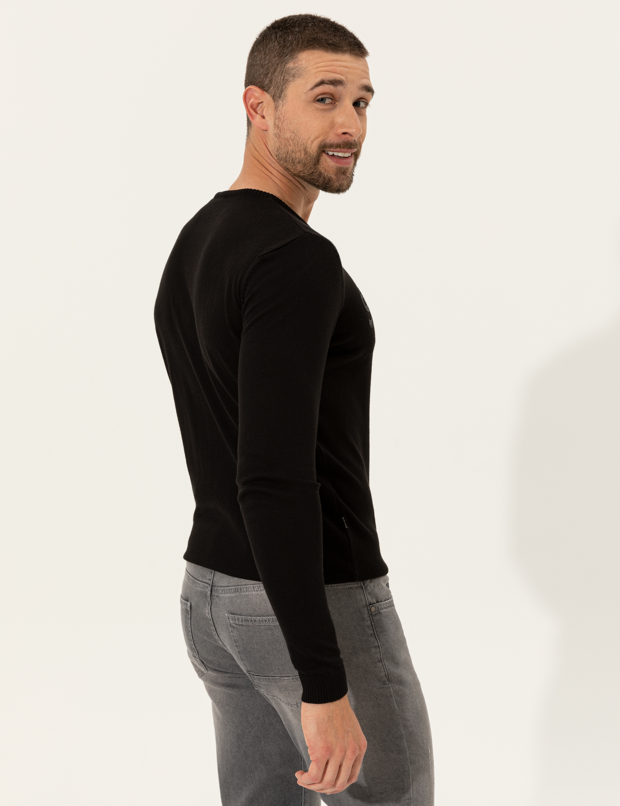 Pierre Cardin Siyah Slim Fit Bisiklet Yaka Triko Kazak görsel 5