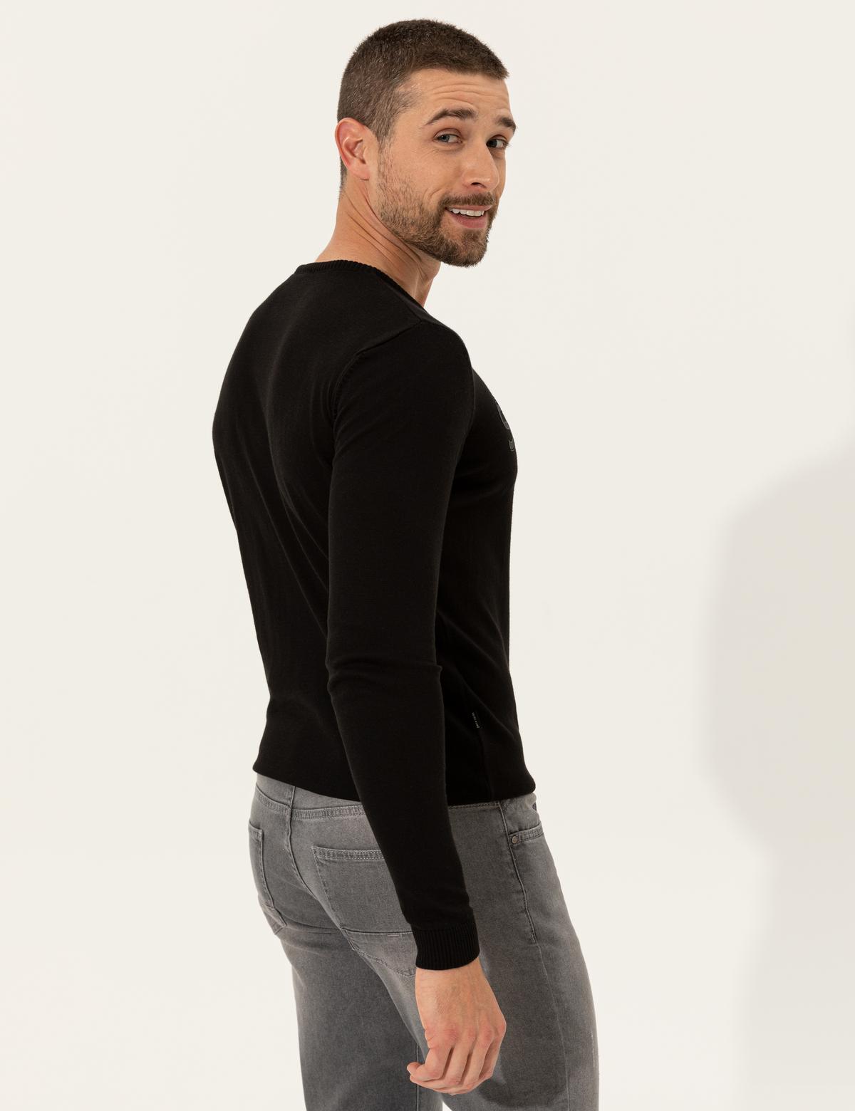 Siyah Slim Fit Bisiklet Yaka Triko Kazak - 50241443009