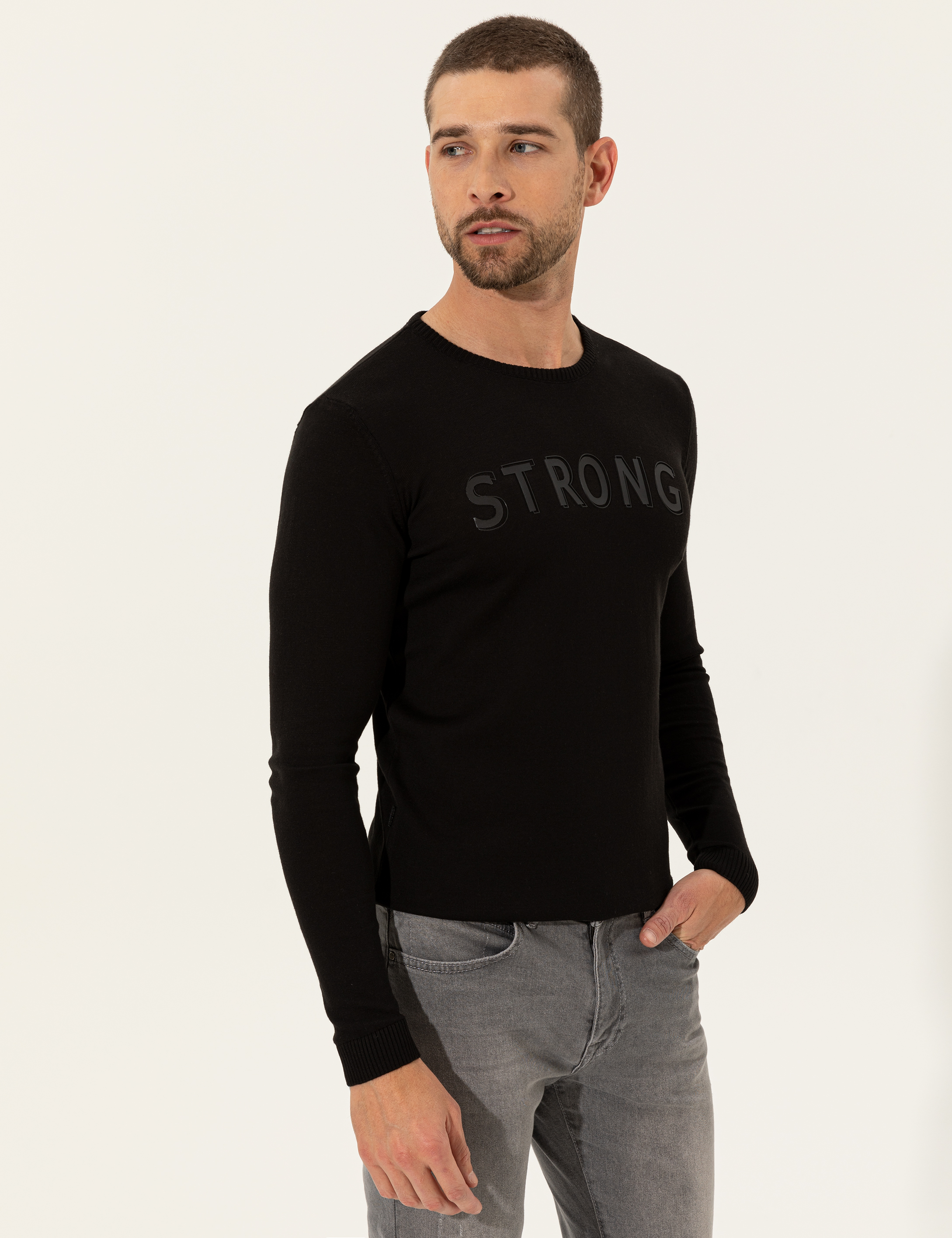 Pierre Cardin Siyah Slim Fit Bisiklet Yaka Triko Kazak görsel 3