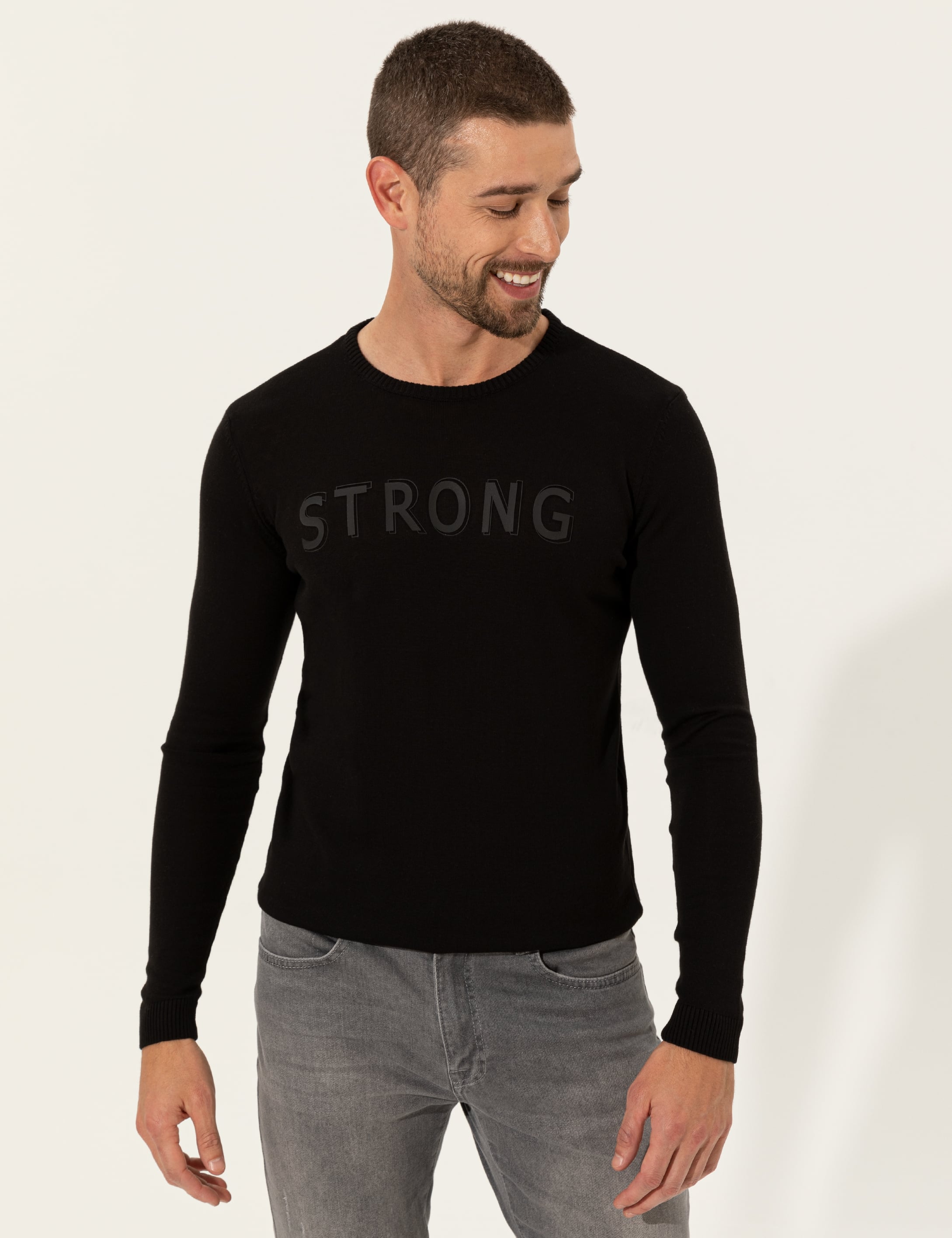 Siyah Slim Fit Bisiklet Yaka Triko Kazak - Image 2