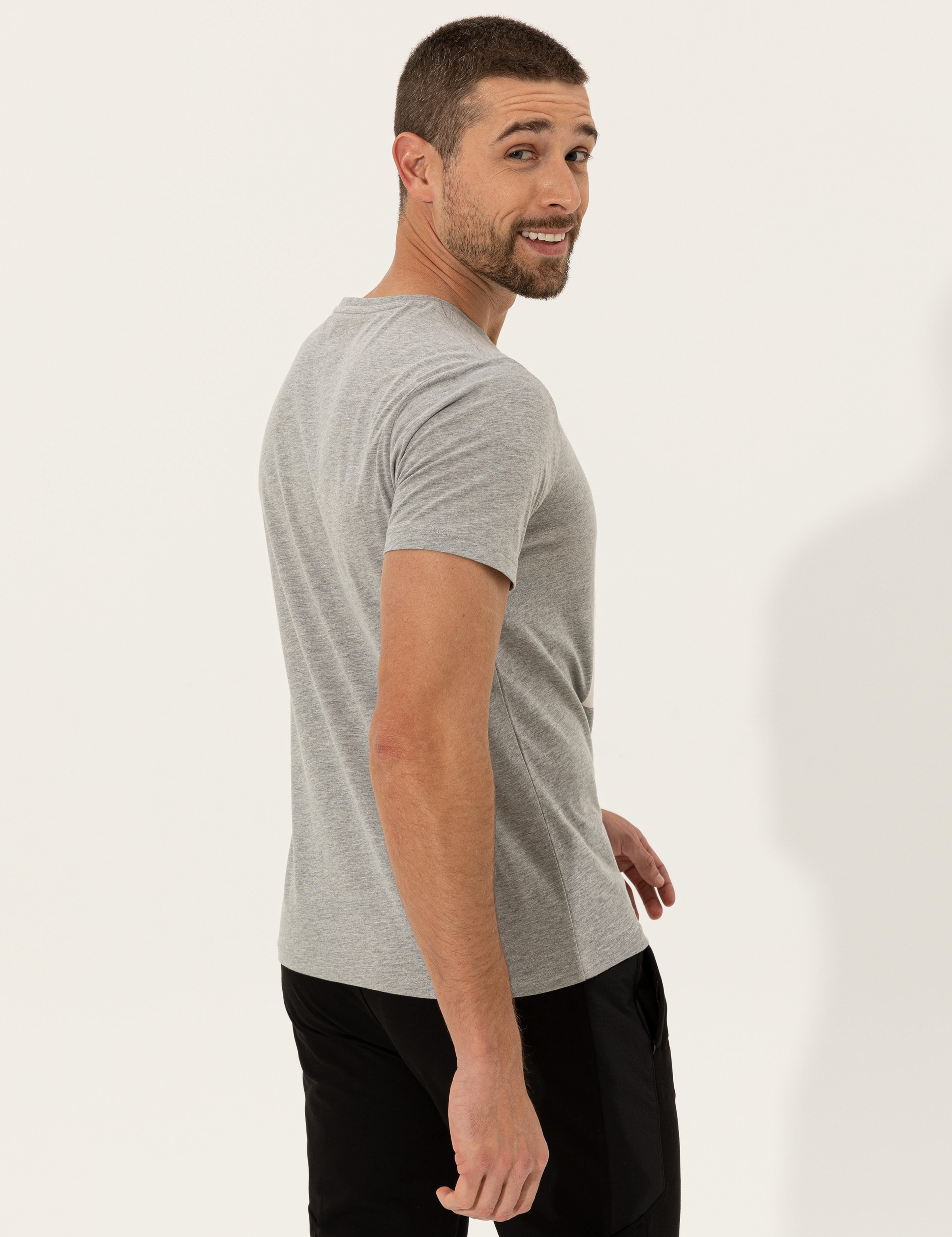 Gri Melanj Slim Fit Bisiklet Yaka Tişört - Image 5