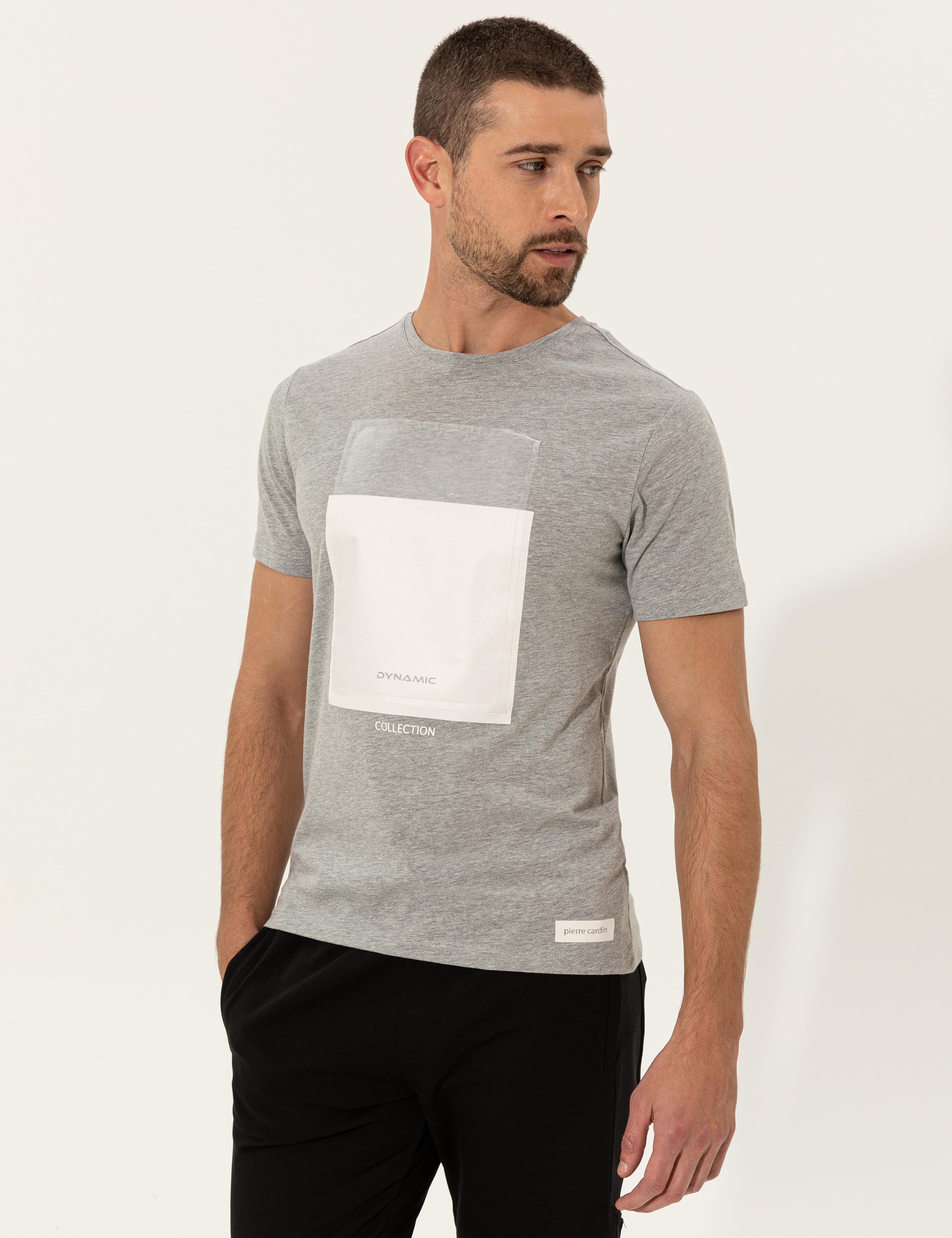 Gri Melanj Slim Fit Bisiklet Yaka Tişört - Image 3