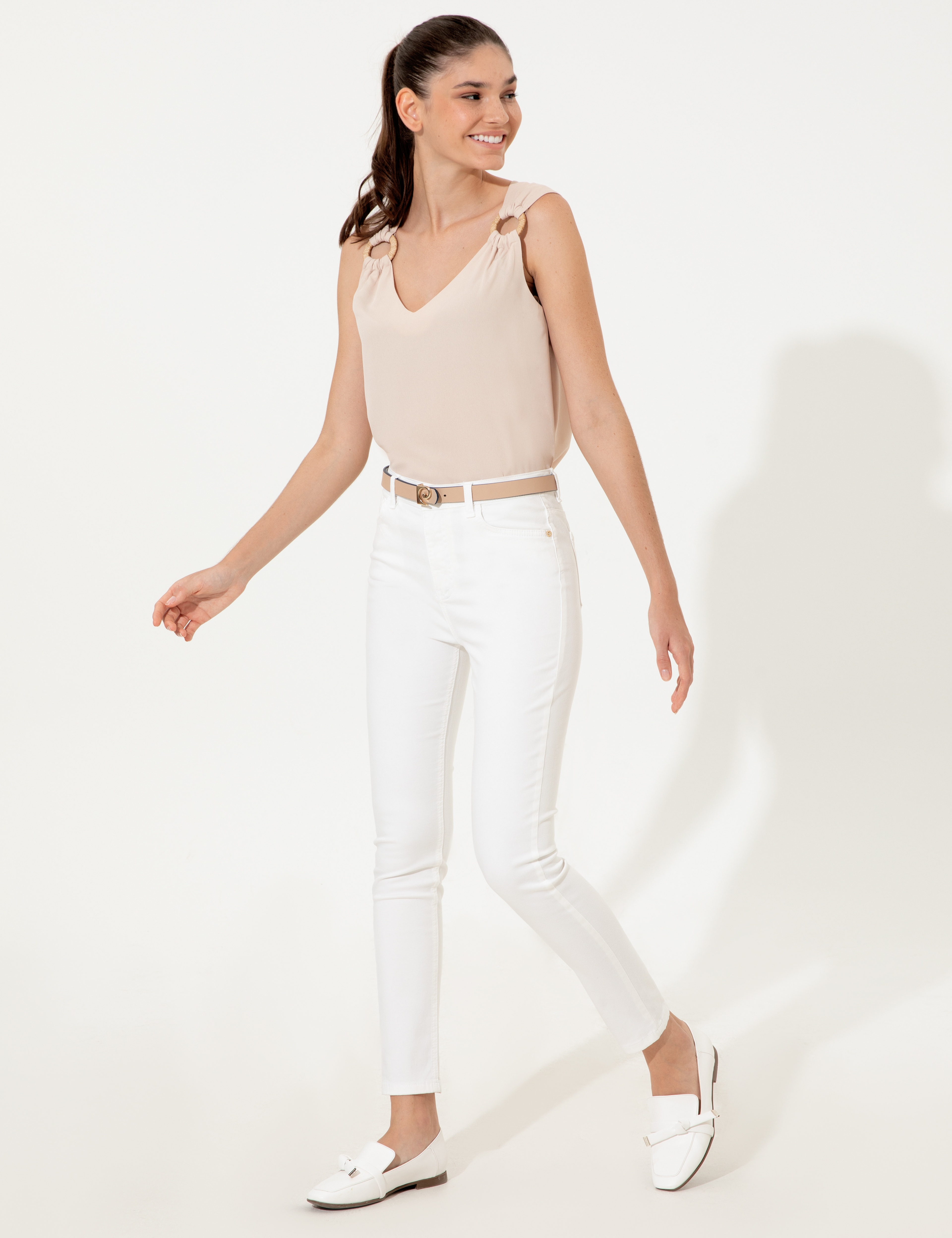 Beyaz Skinny Fit Kanvas Pantolon - Image 3