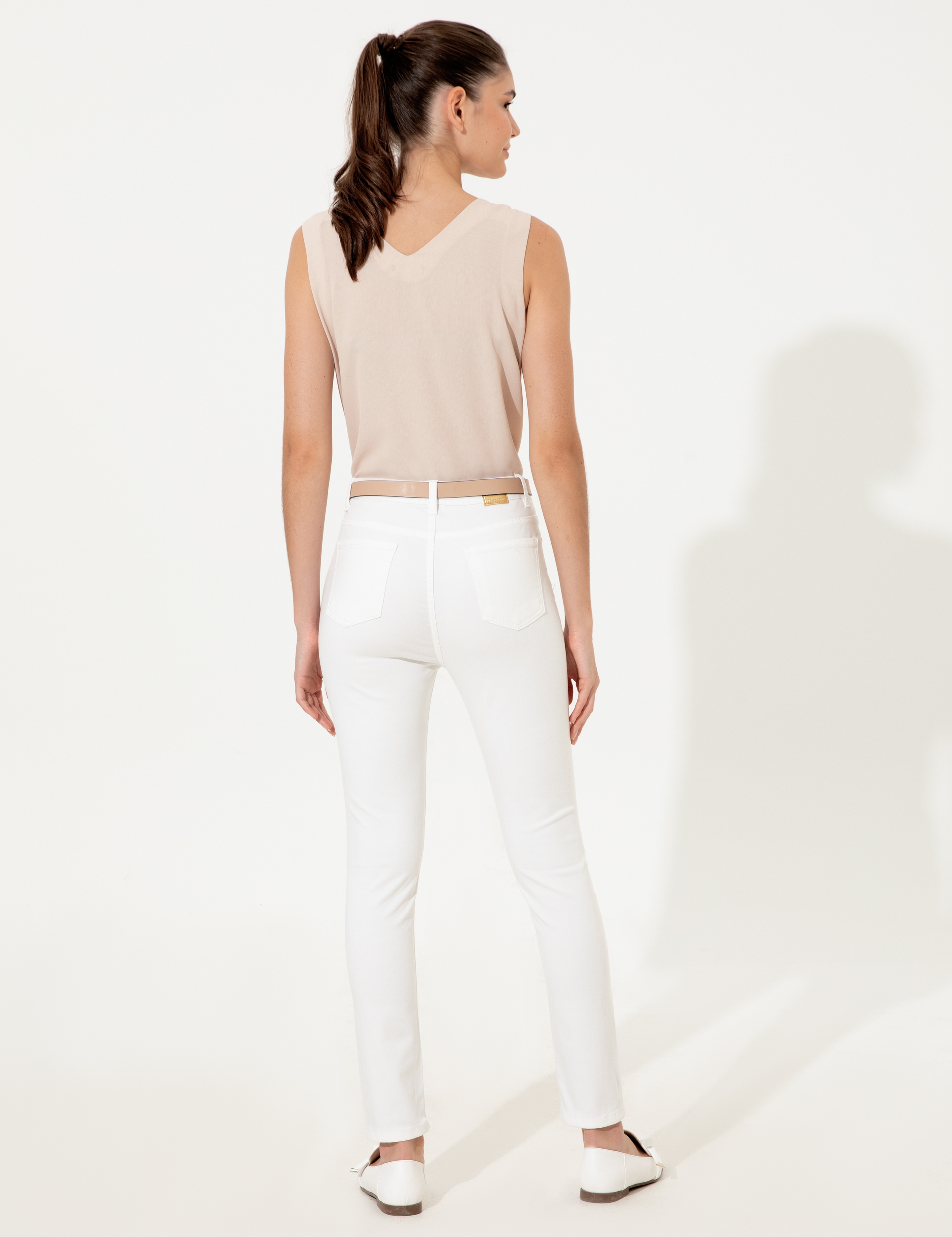 Beyaz Skinny Fit Kanvas Pantolon - Image 4