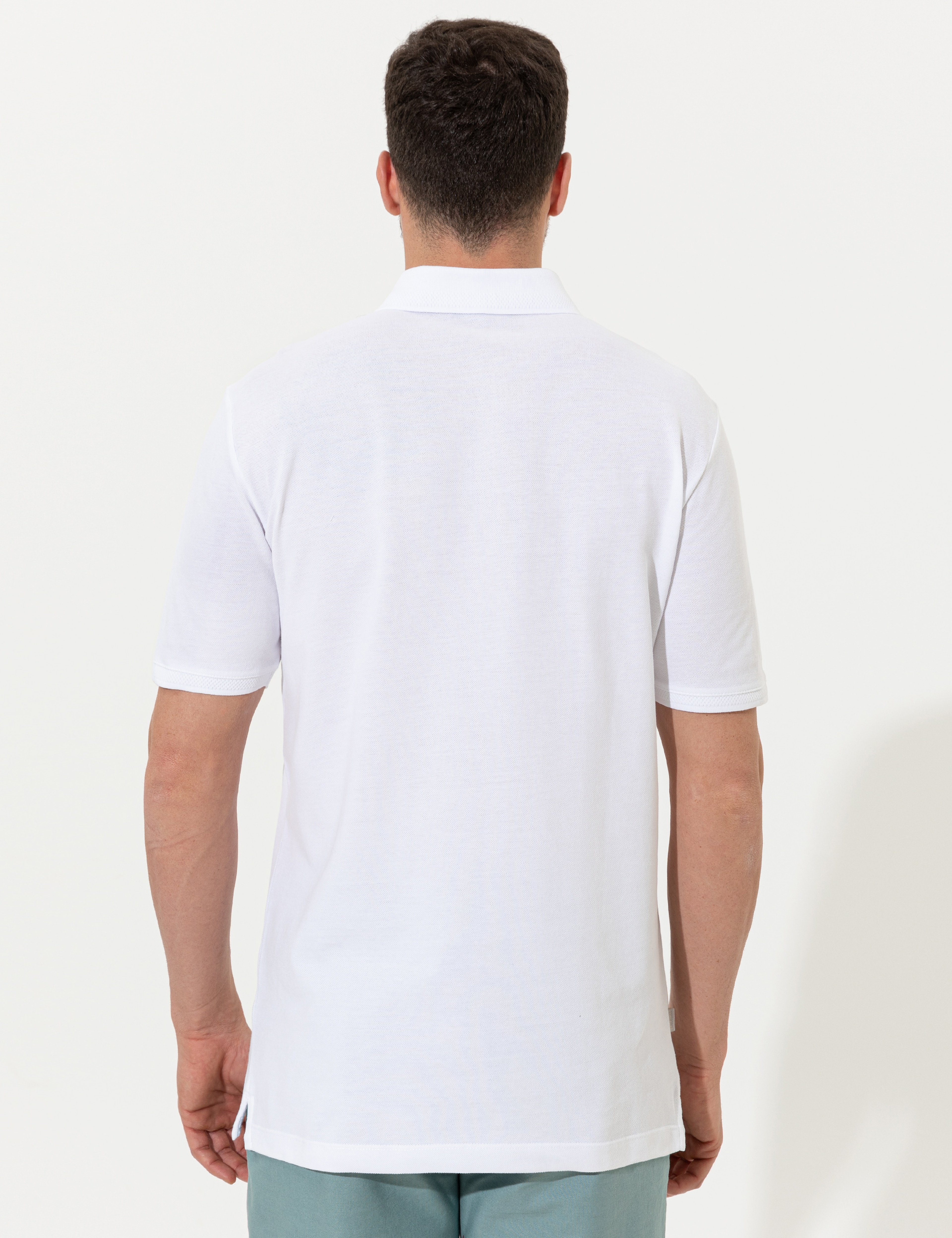 Beyaz Regular Fit Polo Yaka Basic Tişört - Image 5