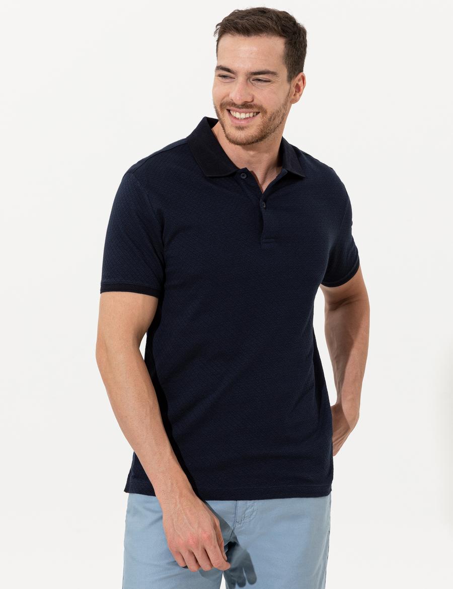 Lacivert Slim Fit Dokulu Polo Yaka Tişört
