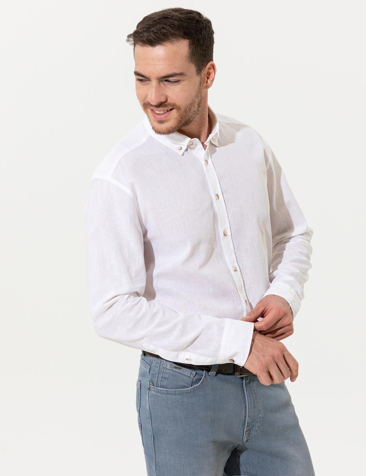 Beyaz Regular Fit Uzun Kollu Gömlek