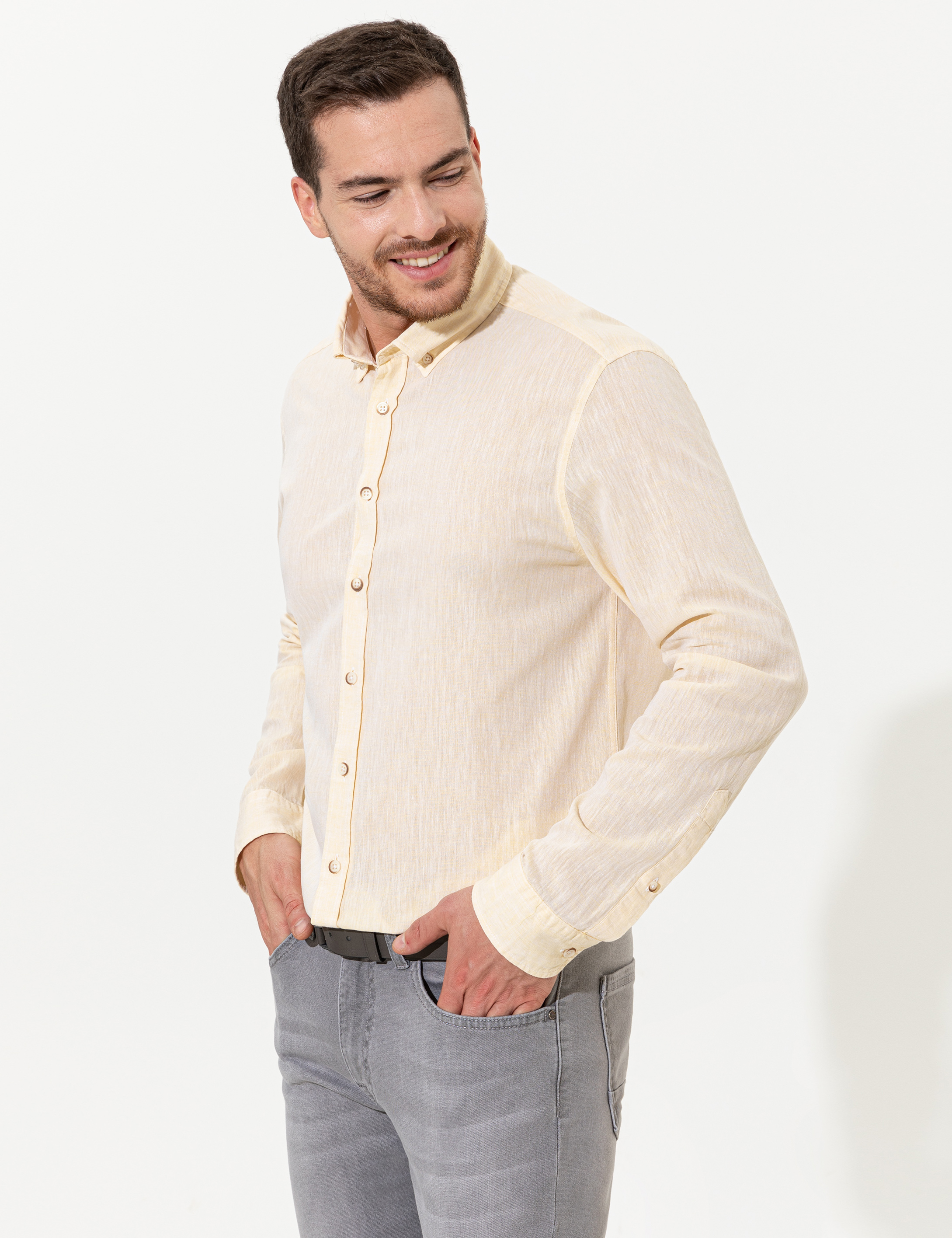 Sarı Regular Fit Uzun Kollu Gömlek - Image 1