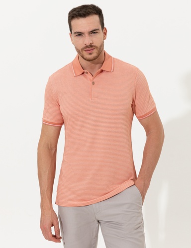 Pembe Slim Fit Dokulu Düğmeli Polo Yaka Tişört