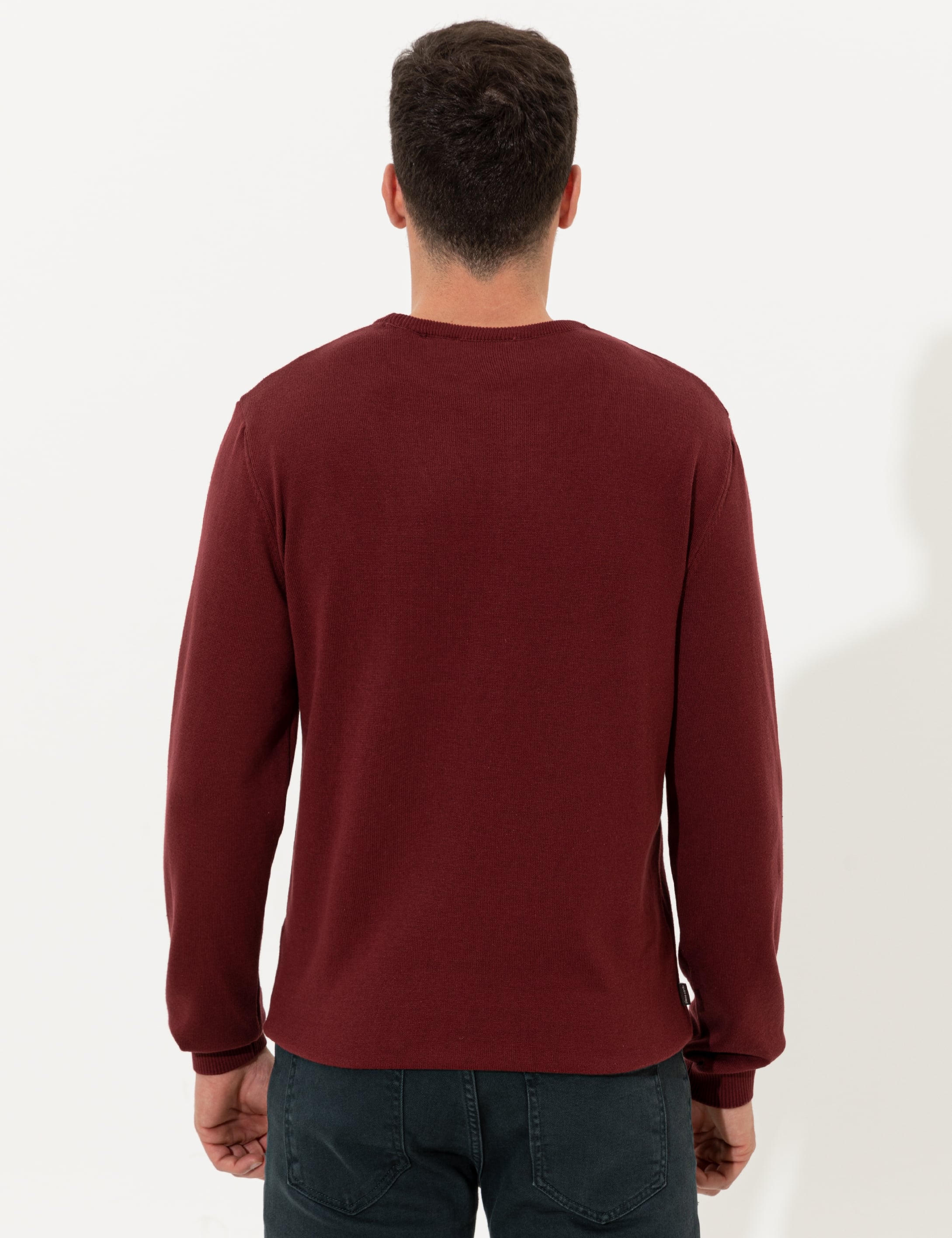 Bordo Slim Fit Bisiklet Yaka Basic Triko Kazak