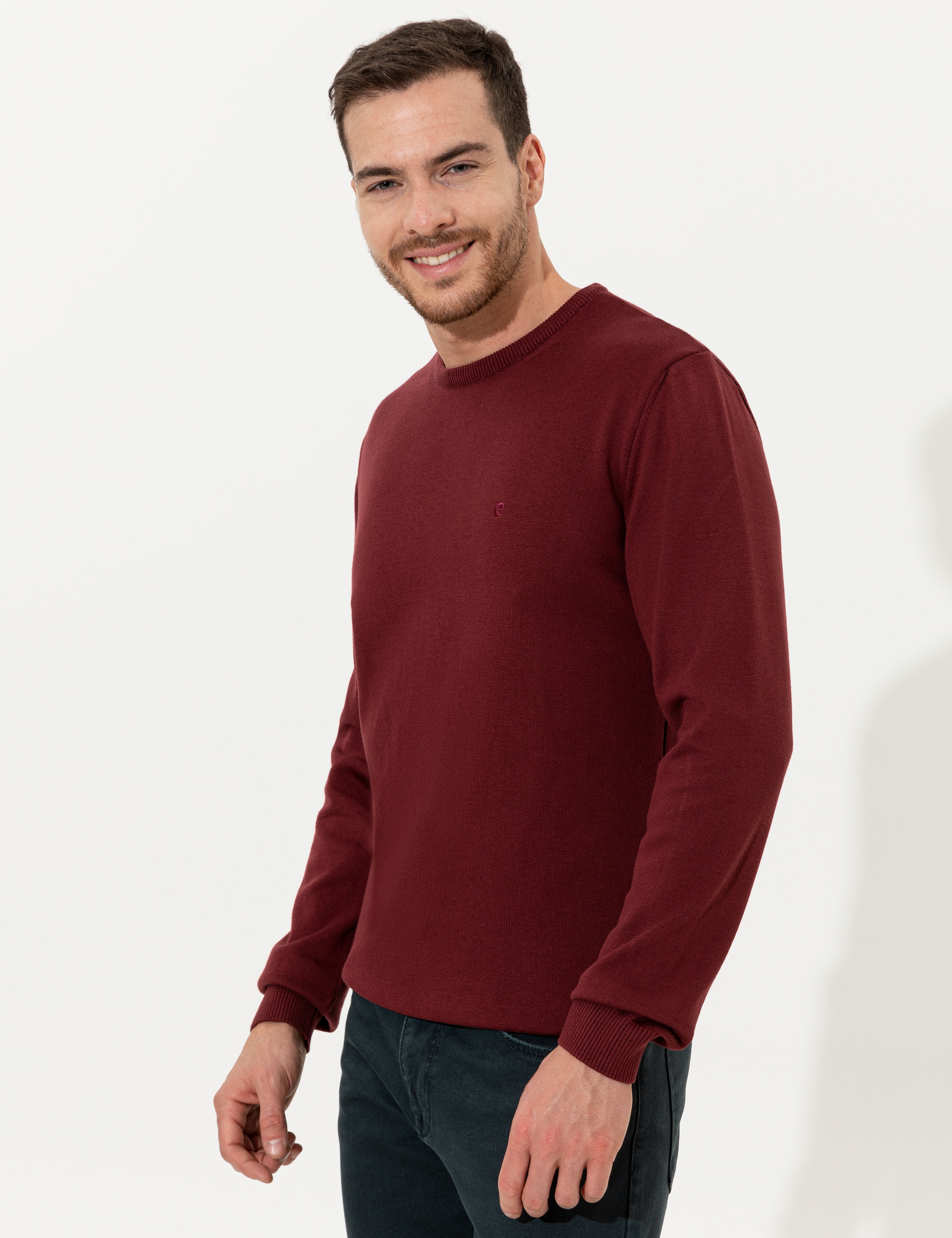 Bordo Slim Fit Bisiklet Yaka Basic Triko Kazak - Image 3