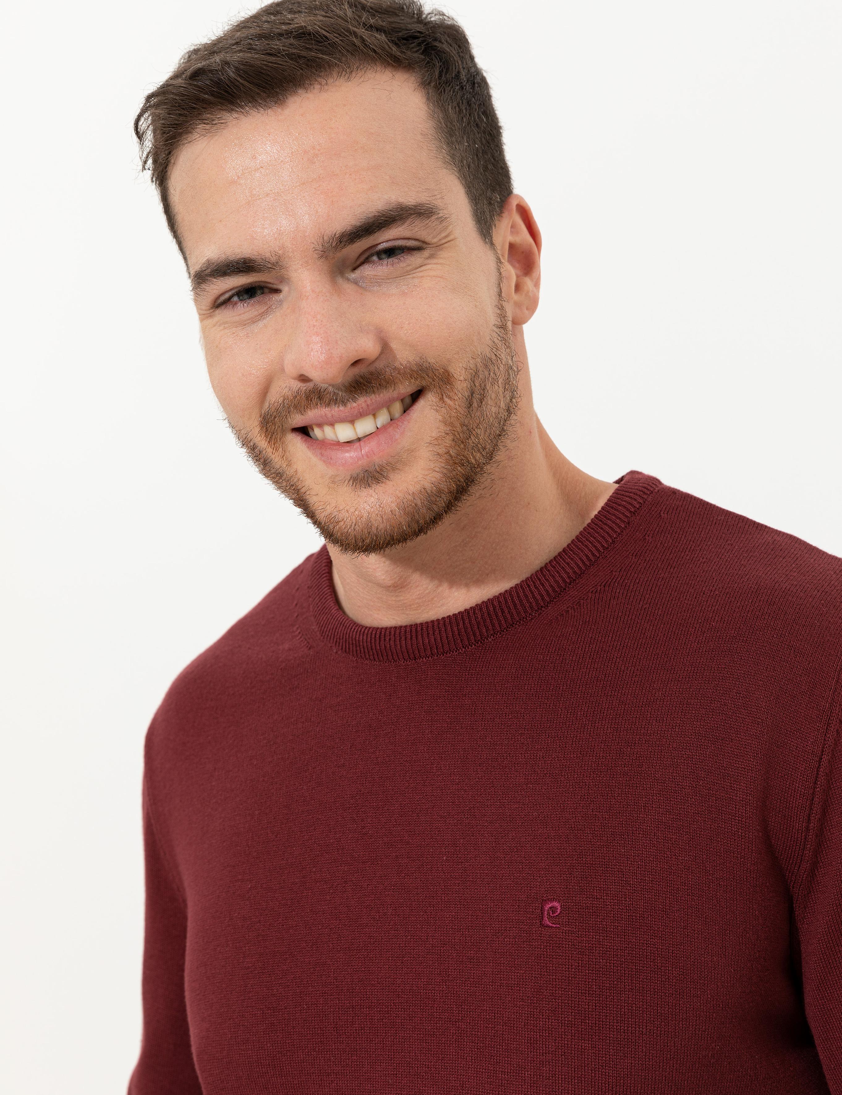 Bordo Slim Fit Bisiklet Yaka Basic Triko Kazak