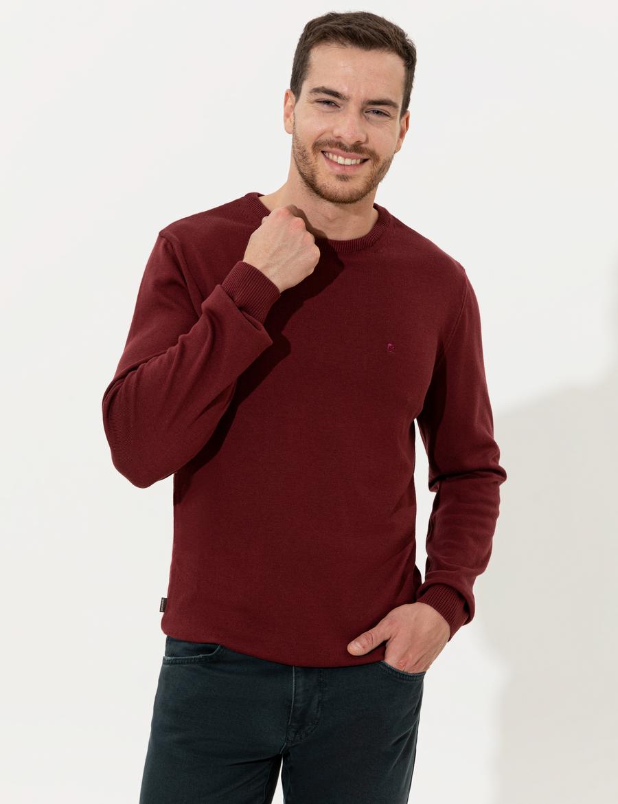 Bordo Slim Fit Bisiklet Yaka Basic Triko Kazak
