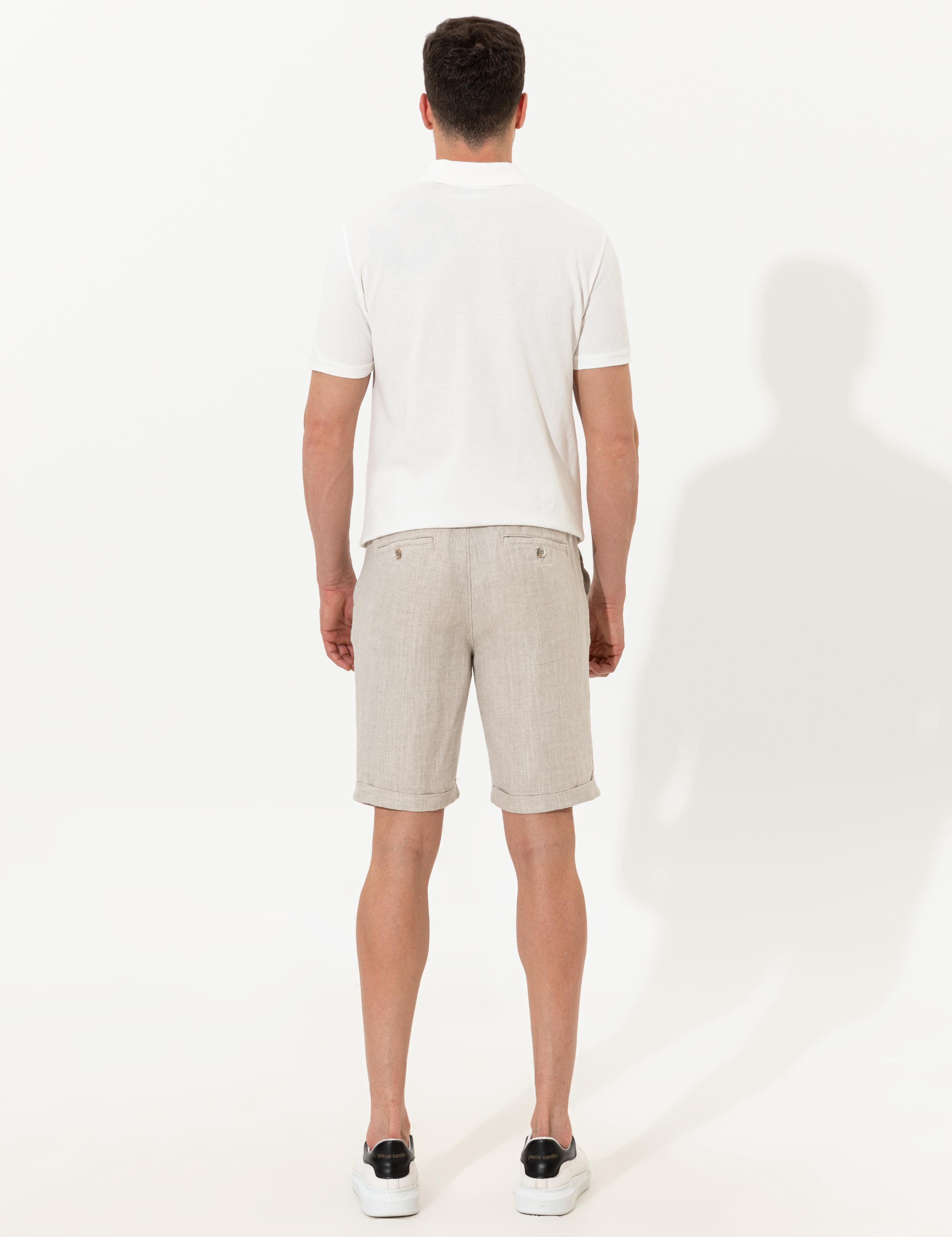 Bej Slim Fit Keten Karışımlı Beli Lastikli Bağcıklı Bermuda Şort