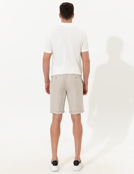 Bej Slim Fit Keten Karışımlı Beli Lastikli Bağcıklı Bermuda Şort - 50251548008