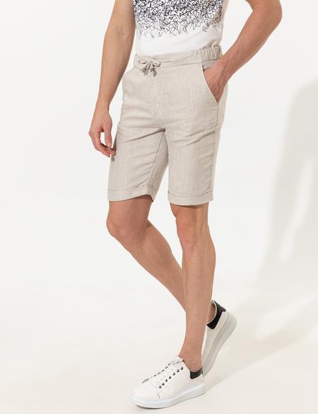 Bej Slim Fit Keten Karışımlı Beli Lastikli Bağcıklı Bermuda Şort - 50251548008