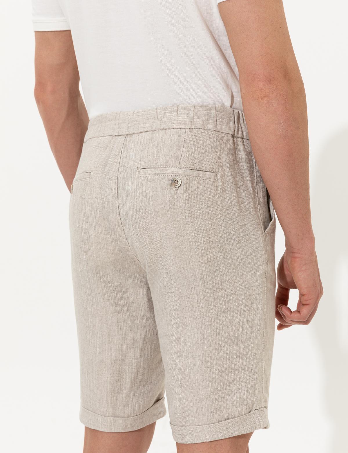 Bej Slim Fit Keten Karışımlı Beli Lastikli Bağcıklı Bermuda Şort - 50251548008