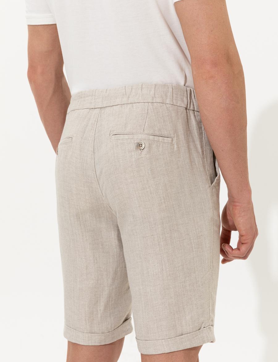 Bej Slim Fit Keten Karışımlı Beli Lastikli Bağcıklı Bermuda Şort